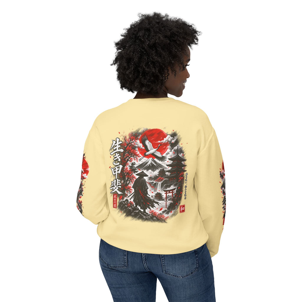 Japanese Samurai Landscape Sweatshirt — Red Sun, Crane & Kanji Crewneck