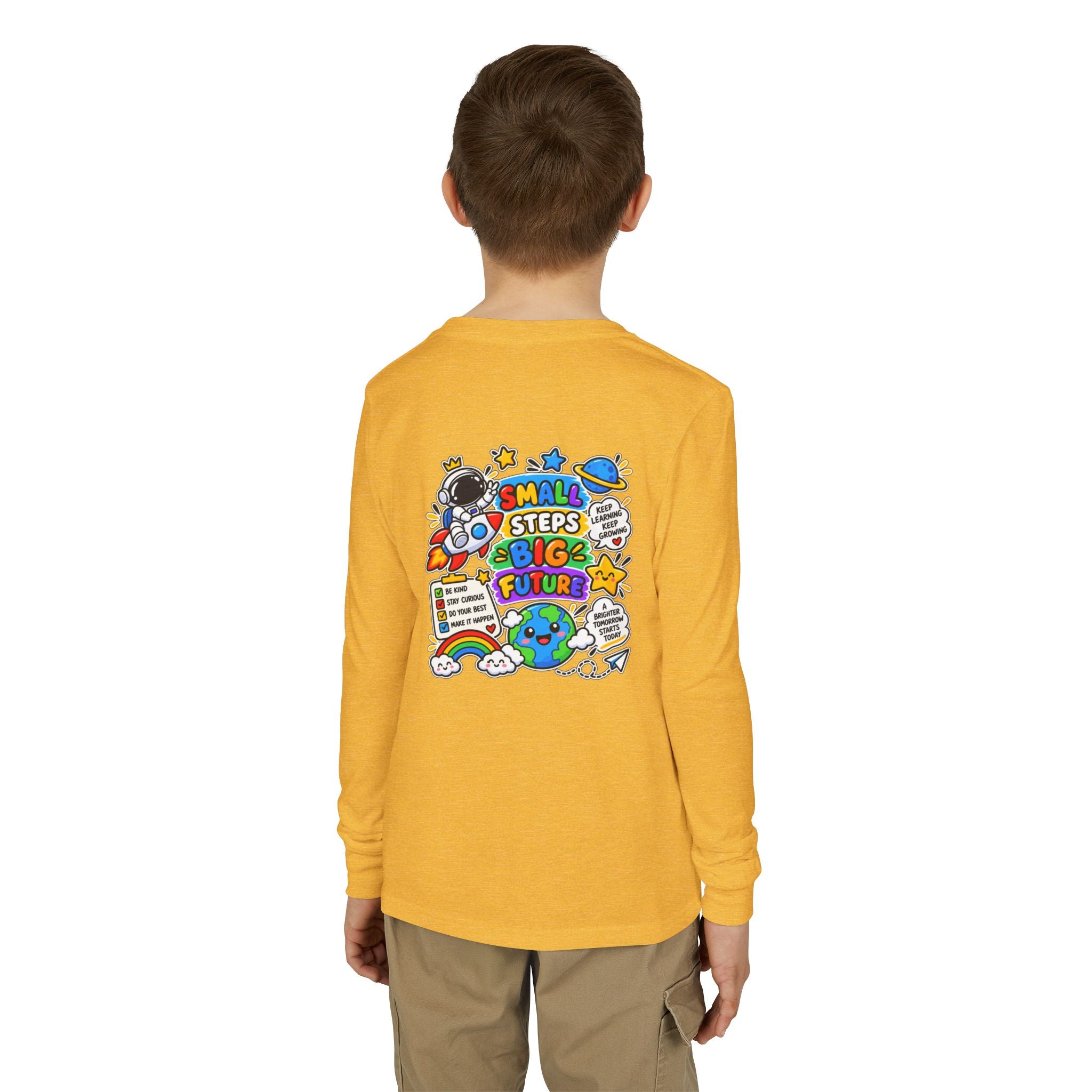 Youth Long Sleeve Tee — 'Dream Explore Discover' Colorful Space Kids Shirt