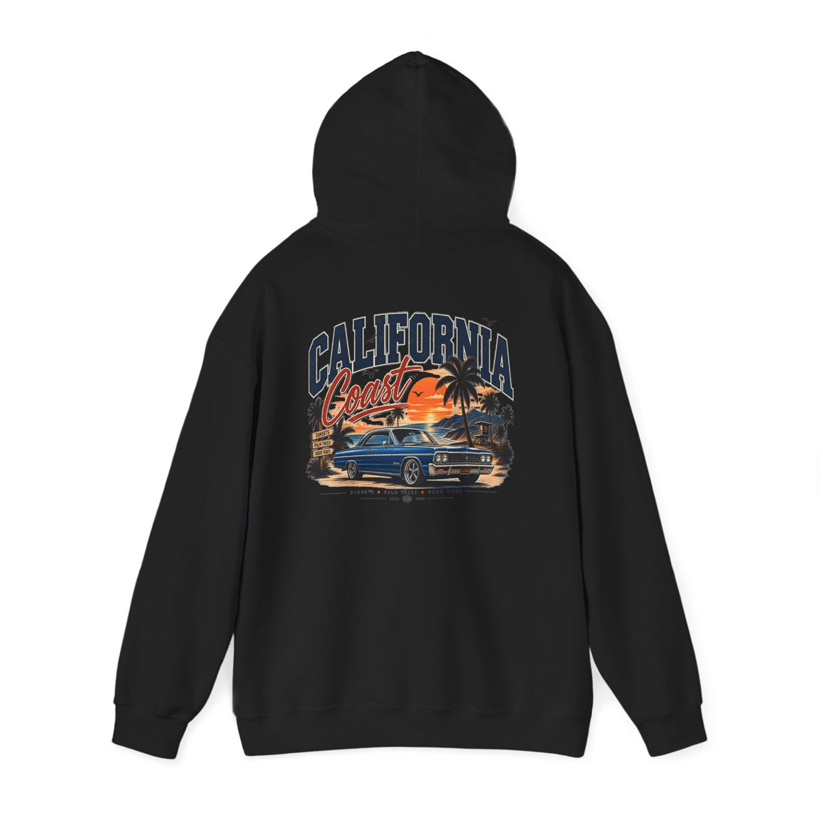 California Coast Hoodie — Vintage Car Sunset Palm Beach Graphic