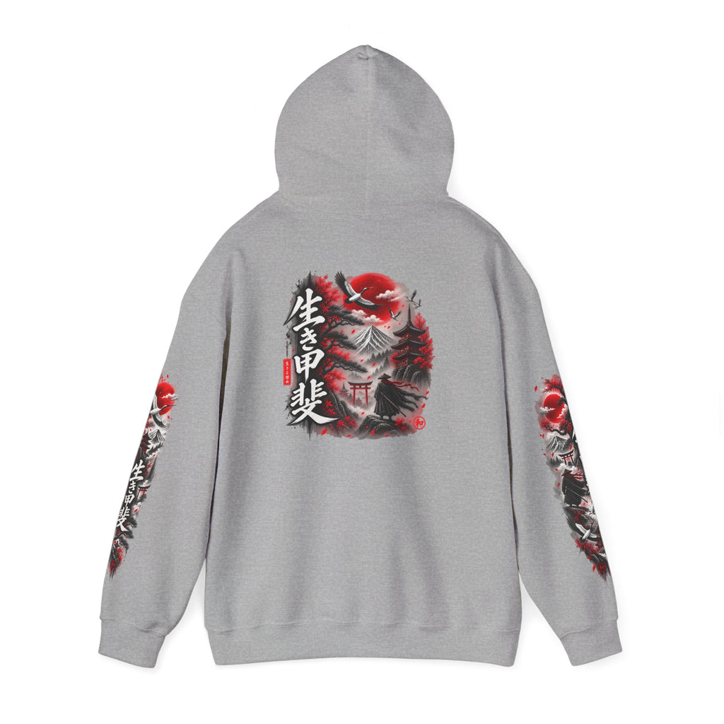 Japanese Oni Mask Hoodie – Red & Black Temple Graphic with Kanji Sleeve Art