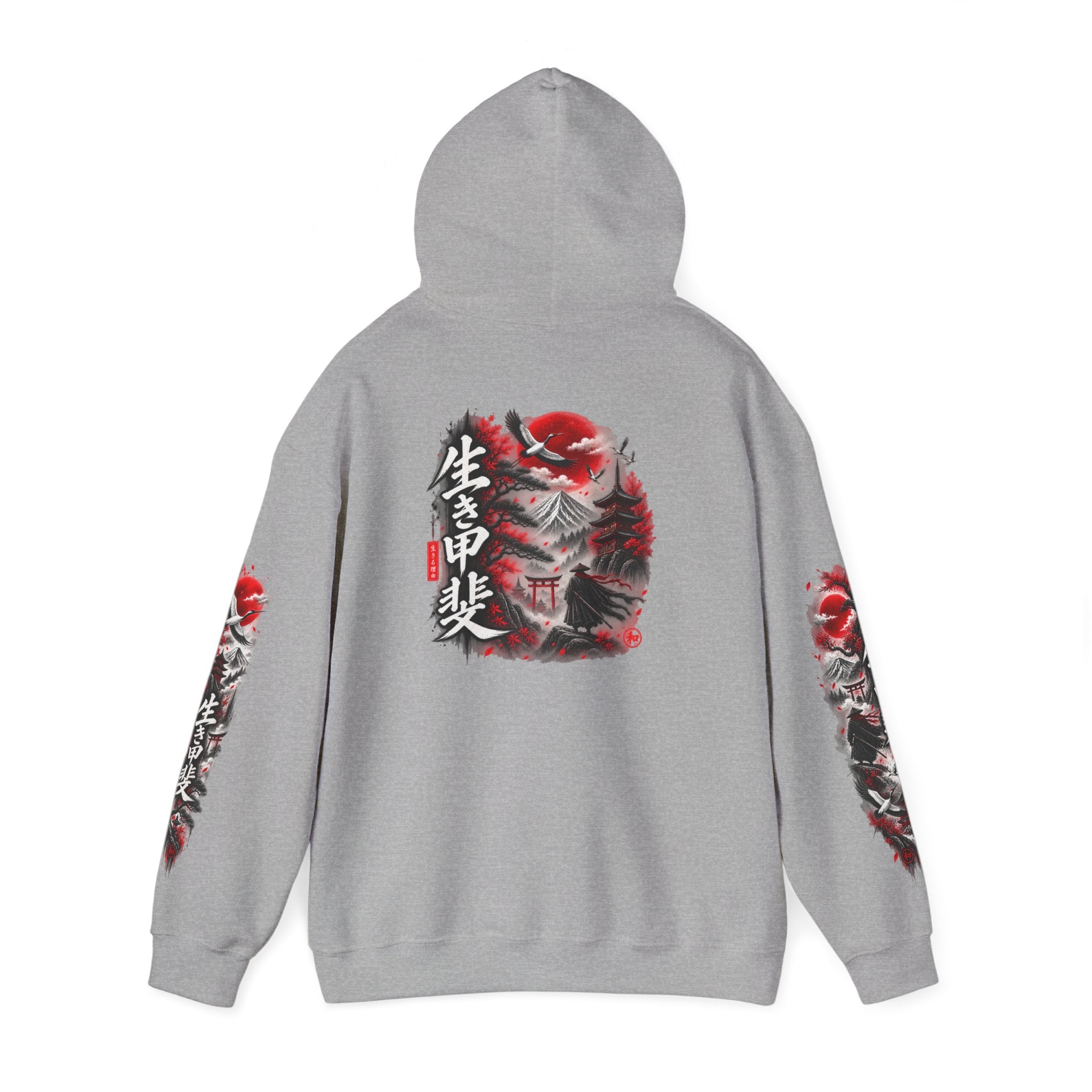 Japanese Oni Mask Hoodie – Red & Black Temple Graphic with Kanji Sleeve Art