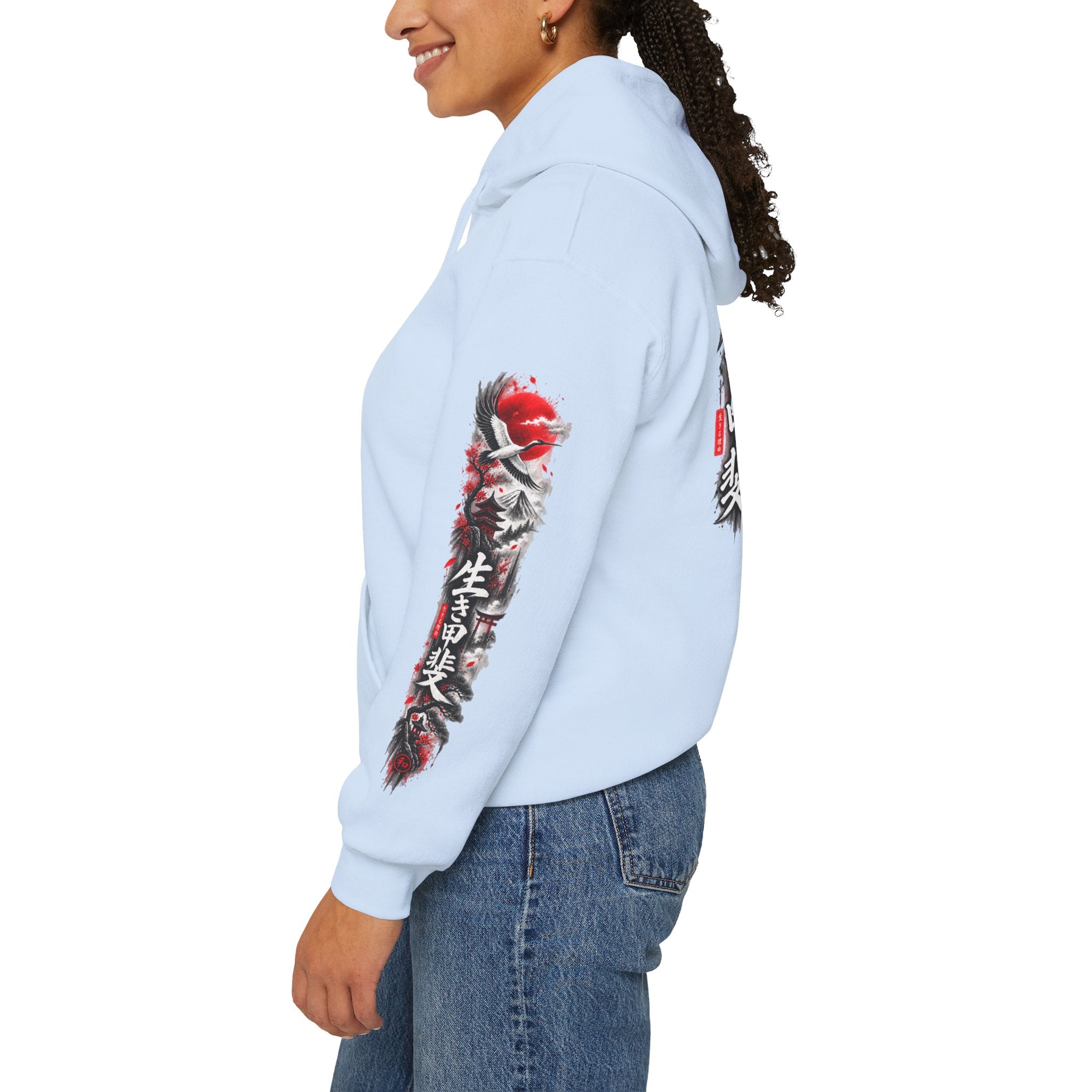 Japanese Oni Mask Hoodie – Red & Black Temple Graphic with Kanji Sleeve Art