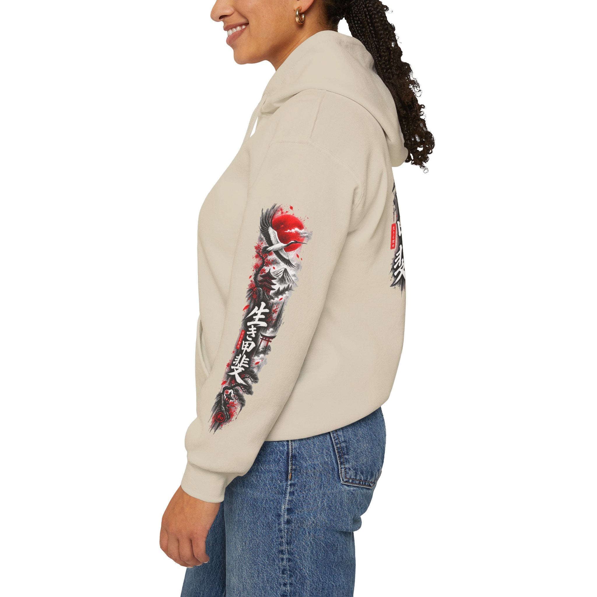 Japanese Oni Mask Hoodie – Red & Black Temple Graphic with Kanji Sleeve Art