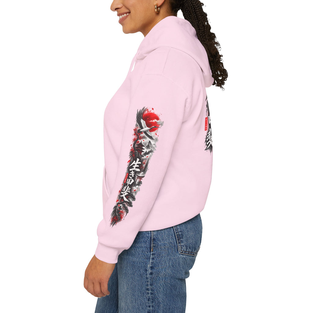 Japanese Oni Mask Hoodie – Red & Black Temple Graphic with Kanji Sleeve Art
