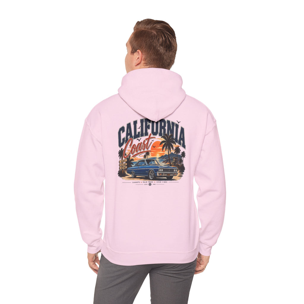 California Coast Hoodie — Vintage Car Sunset Palm Beach Graphic