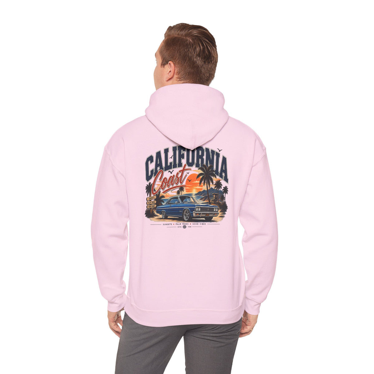 California Coast Hoodie — Vintage Car Sunset Palm Beach Graphic