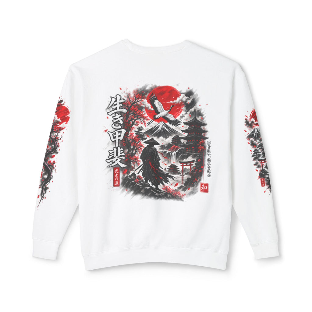 Japanese Samurai Landscape Sweatshirt — Red Sun, Crane & Kanji Crewneck
