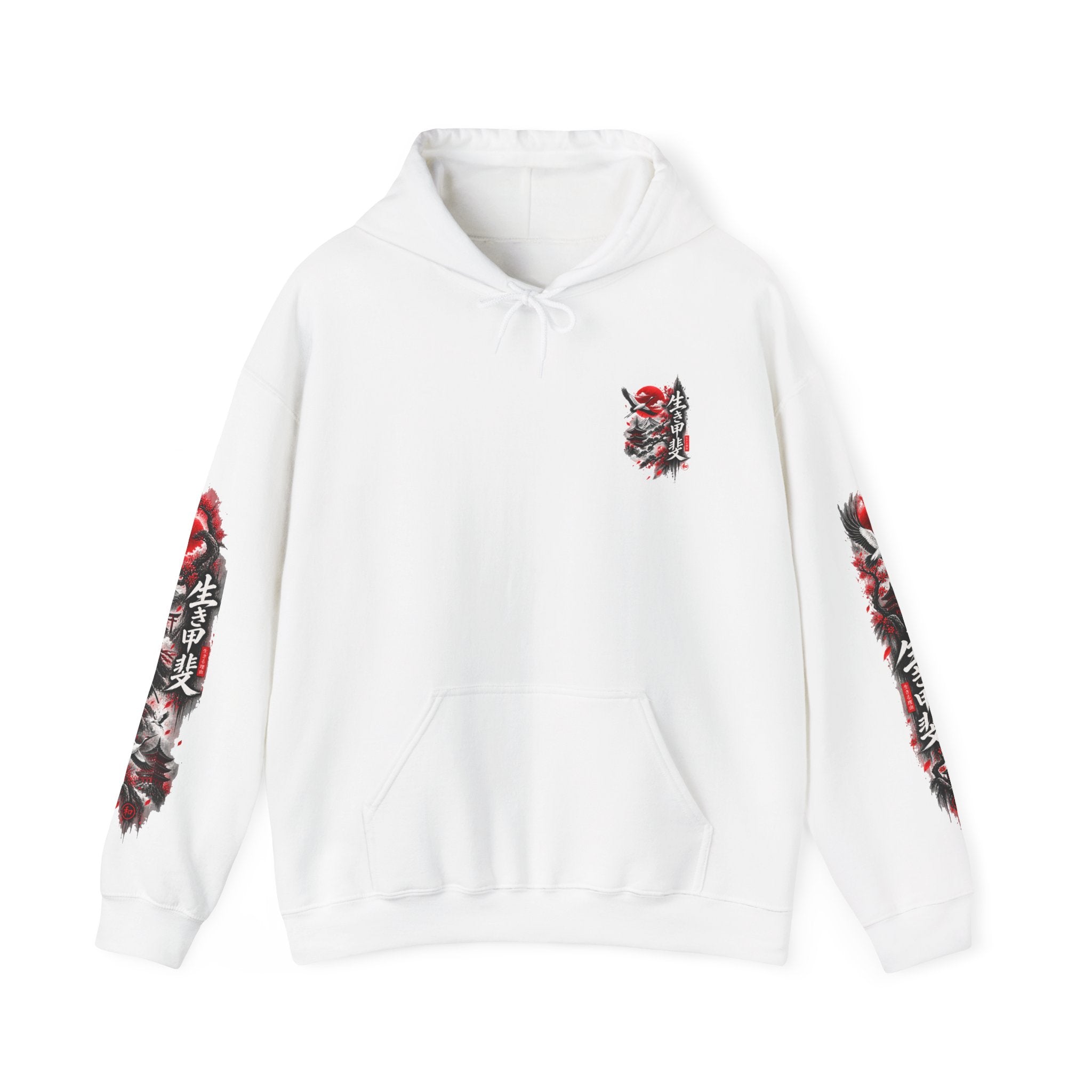 Japanese Oni Mask Hoodie – Red & Black Temple Graphic with Kanji Sleeve Art