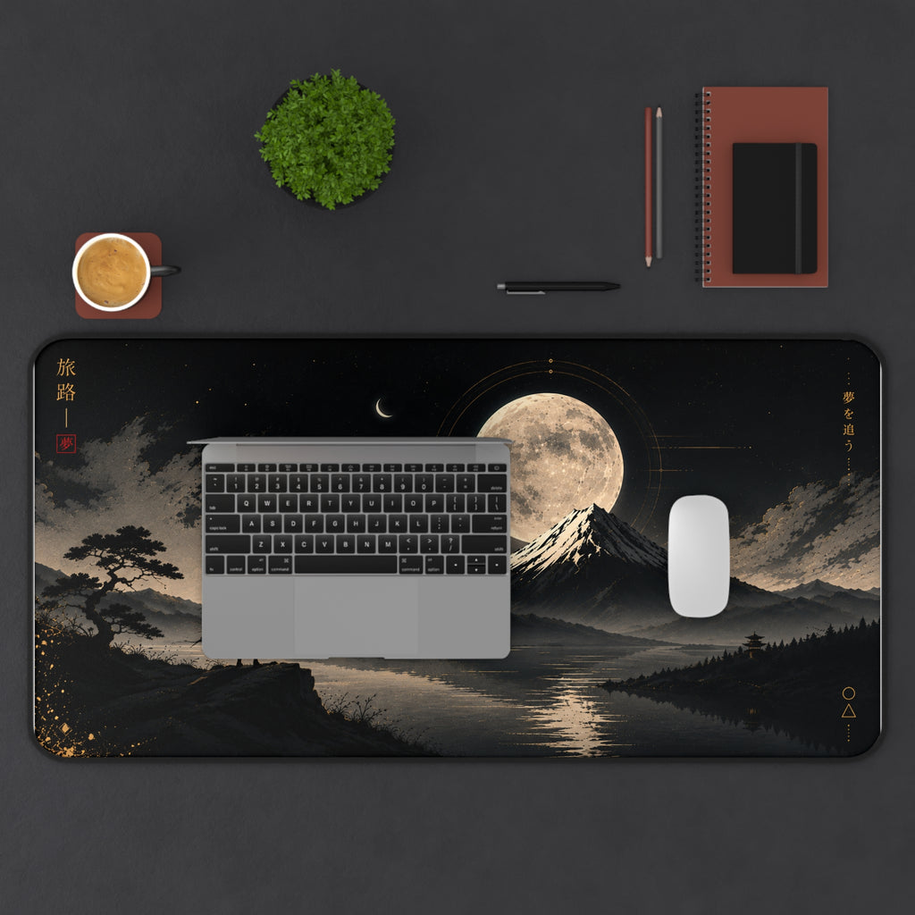 Moonlit Mountain Desk Mat — Samurai Nightscape Mouse Pad