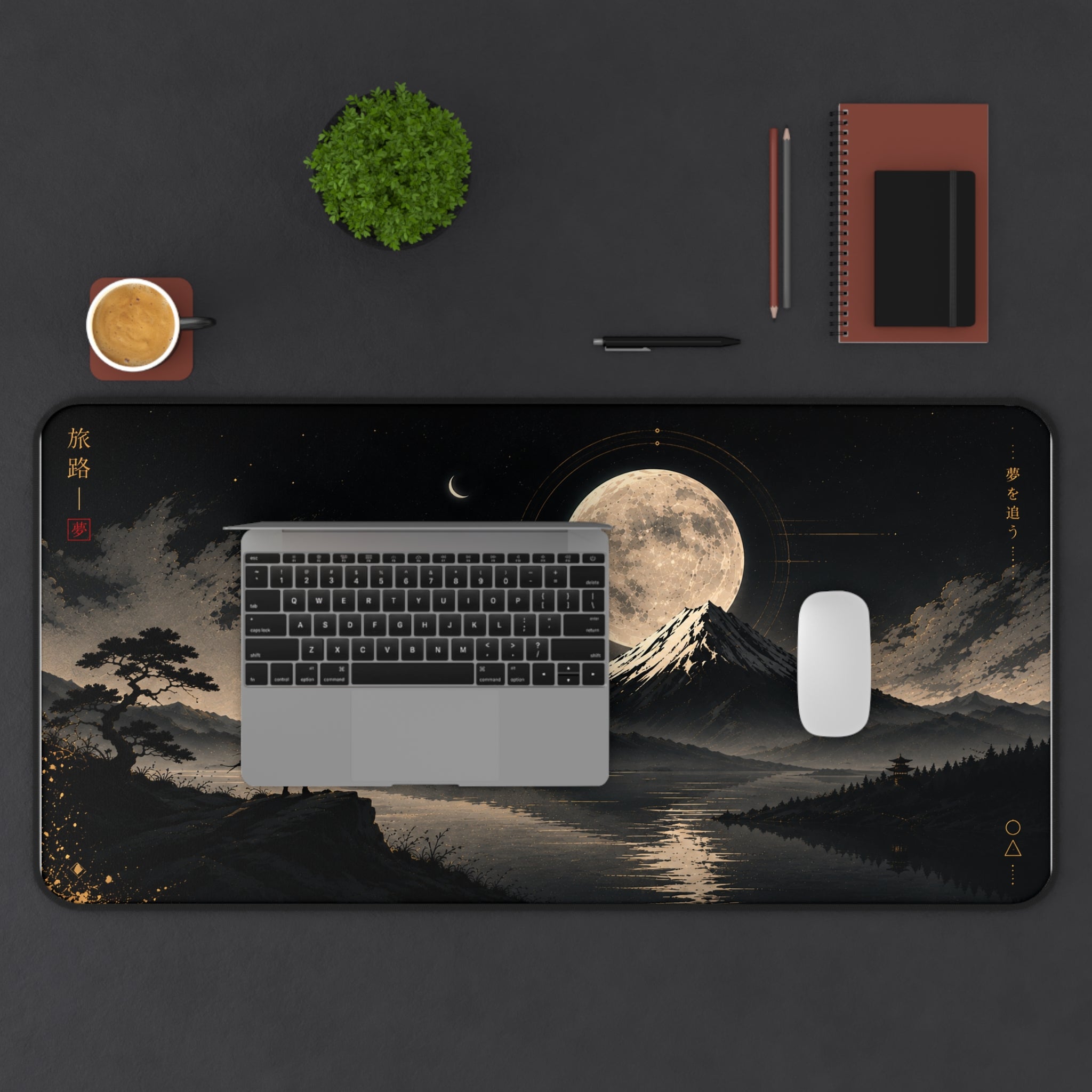 Moonlit Mountain Desk Mat — Samurai Nightscape Mouse Pad
