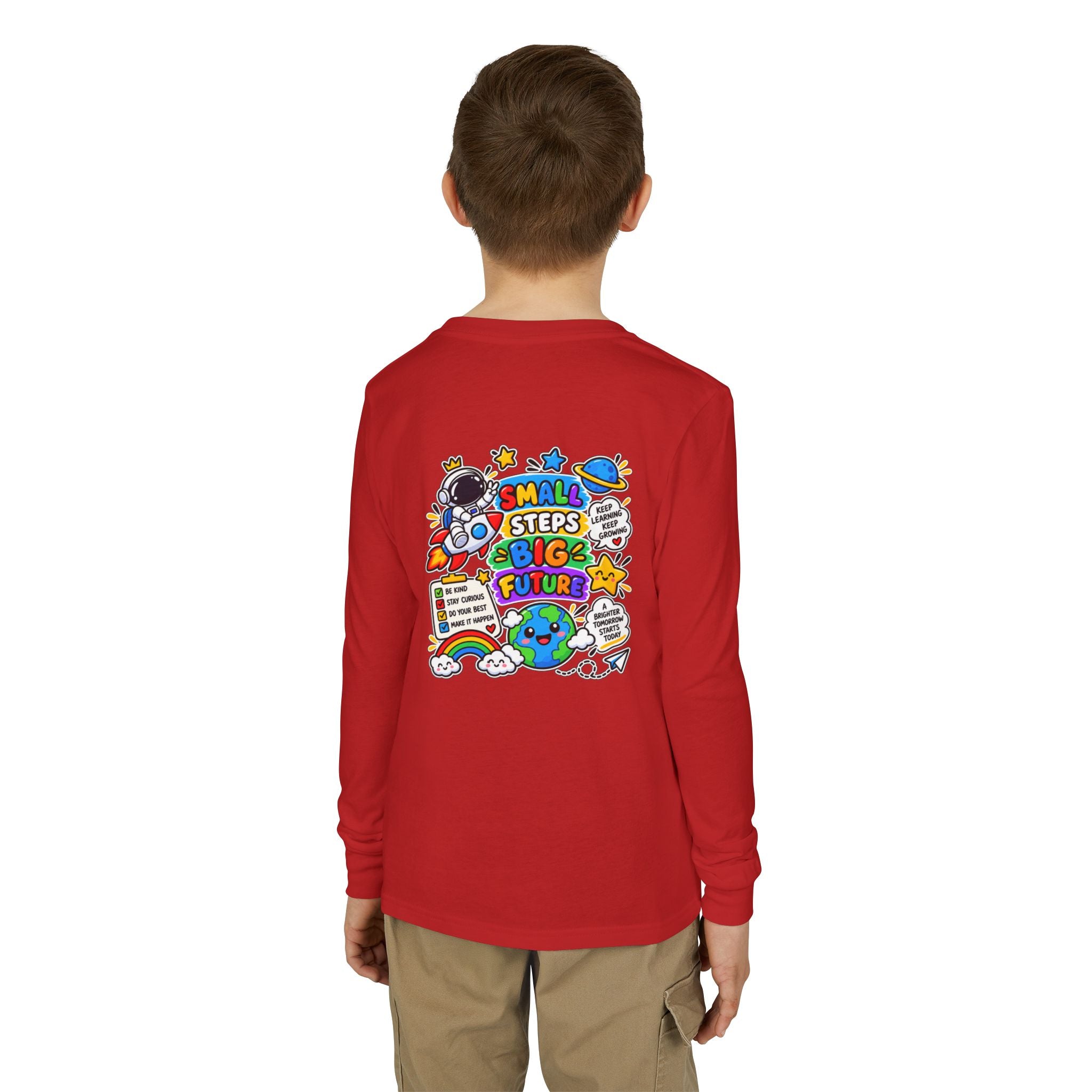 Youth Long Sleeve Tee — 'Dream Explore Discover' Colorful Space Kids Shirt