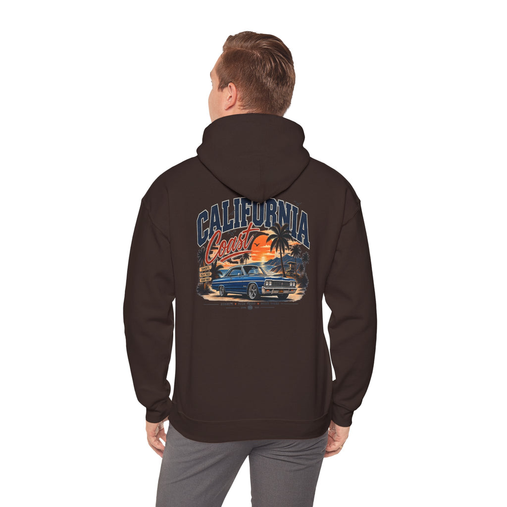 California Coast Hoodie — Vintage Car Sunset Palm Beach Graphic
