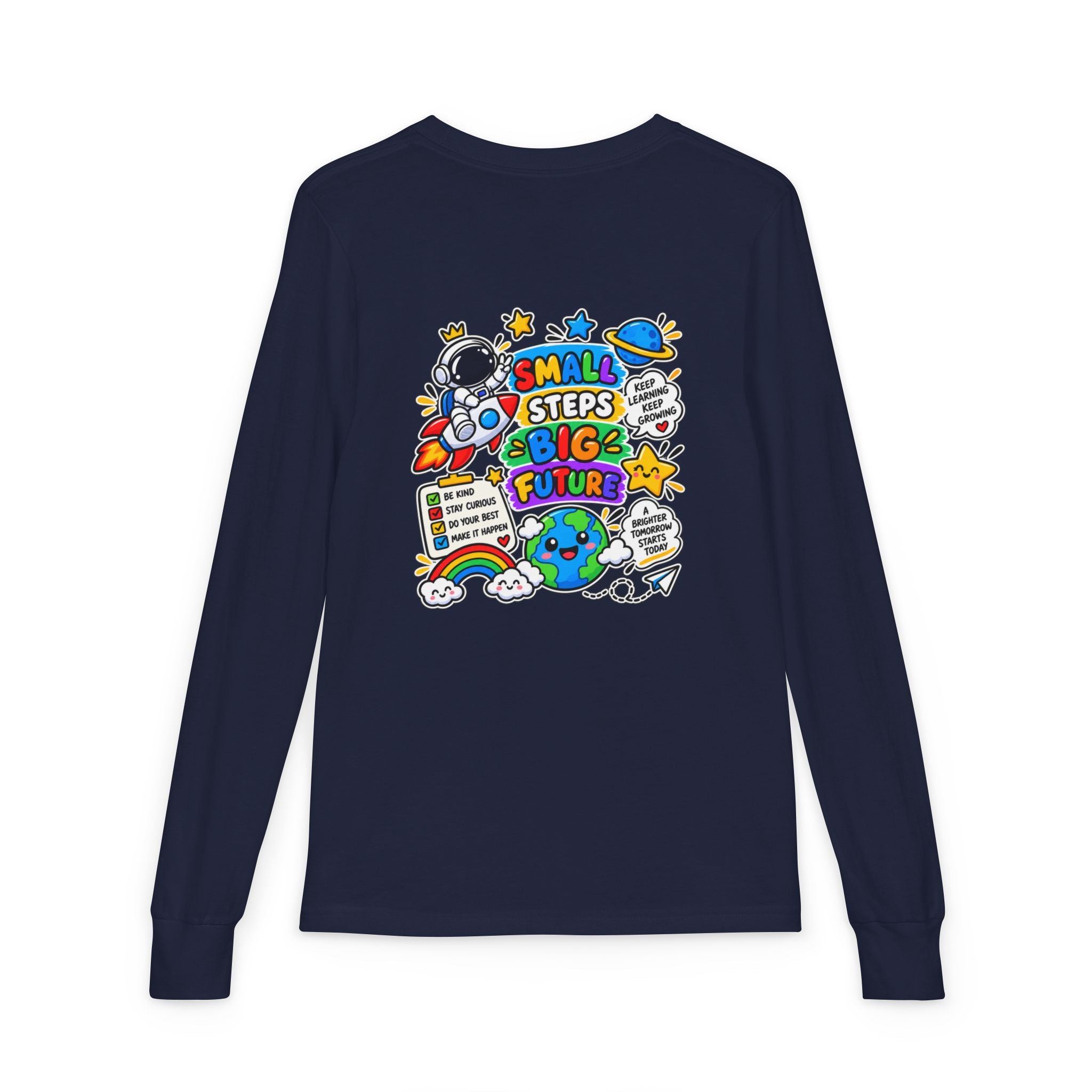 Youth Long Sleeve Tee — 'Dream Explore Discover' Colorful Space Kids Shirt