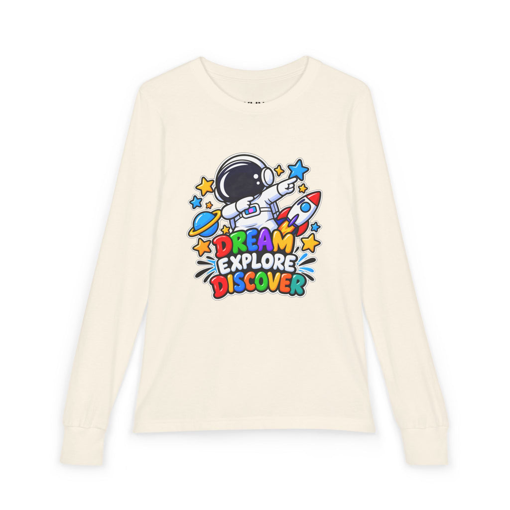 Youth Long Sleeve Tee — 'Dream Explore Discover' Colorful Space Kids Shirt