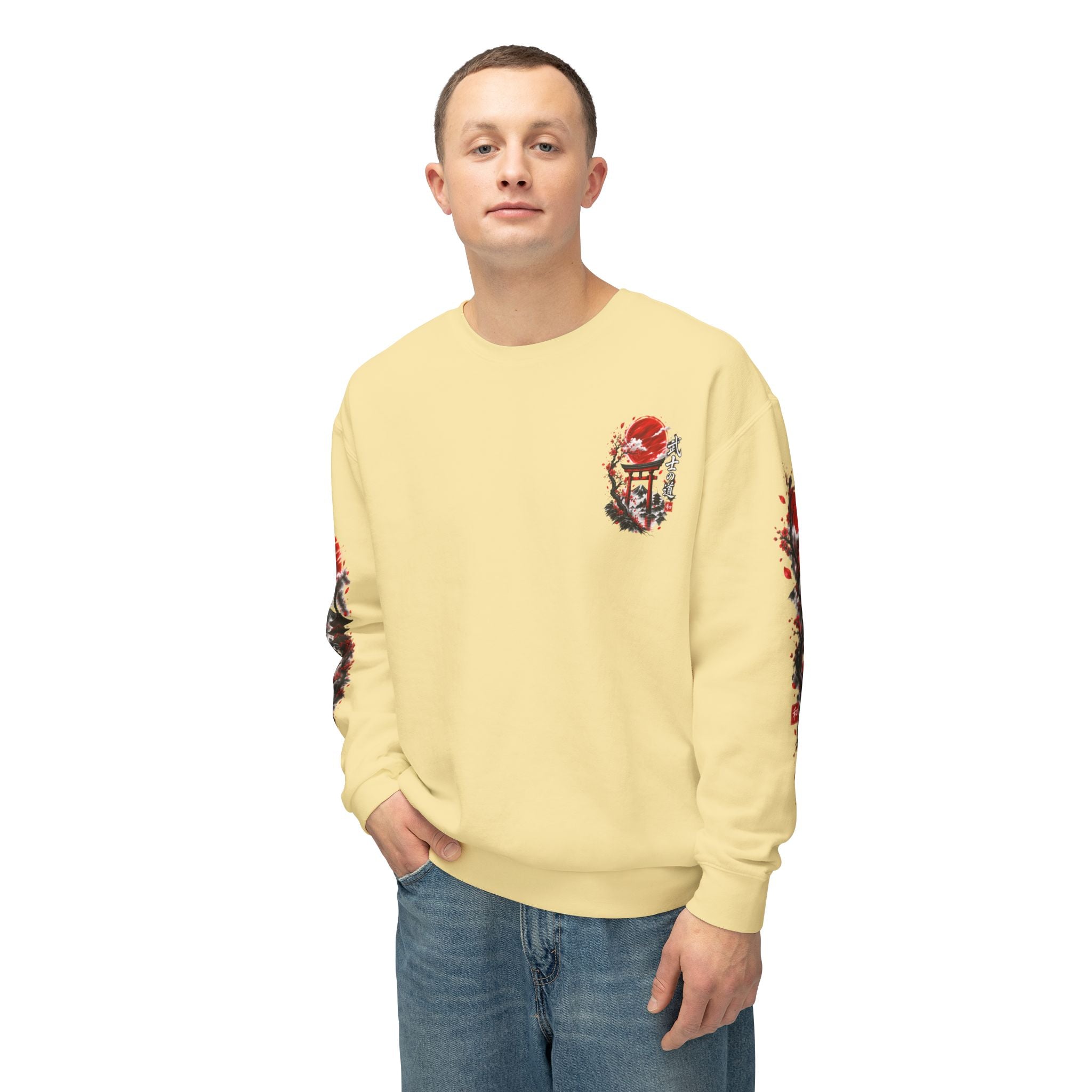 Japanese Samurai Landscape Sweatshirt — Red Sun, Crane & Kanji Crewneck