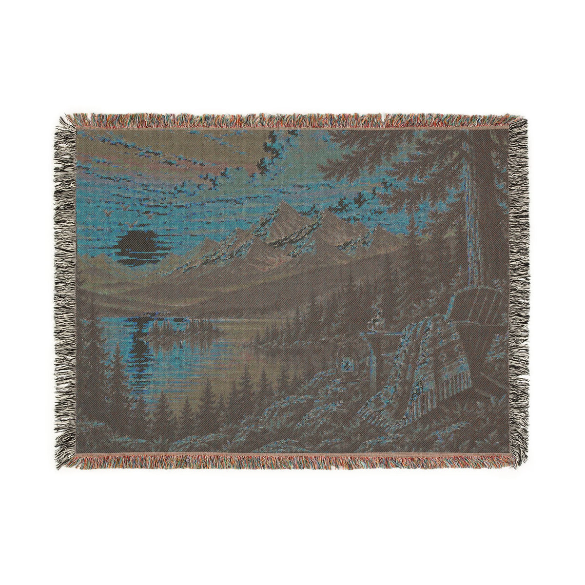 Mountain Lake Woven Blanket — Sunset Scenic Throw for Cabin, Camping & Cozy Home Decor