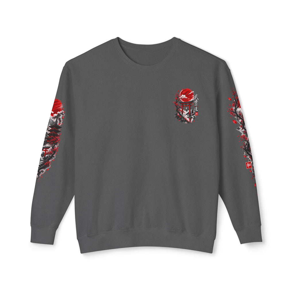 Japanese Samurai Landscape Sweatshirt — Red Sun, Crane & Kanji Crewneck