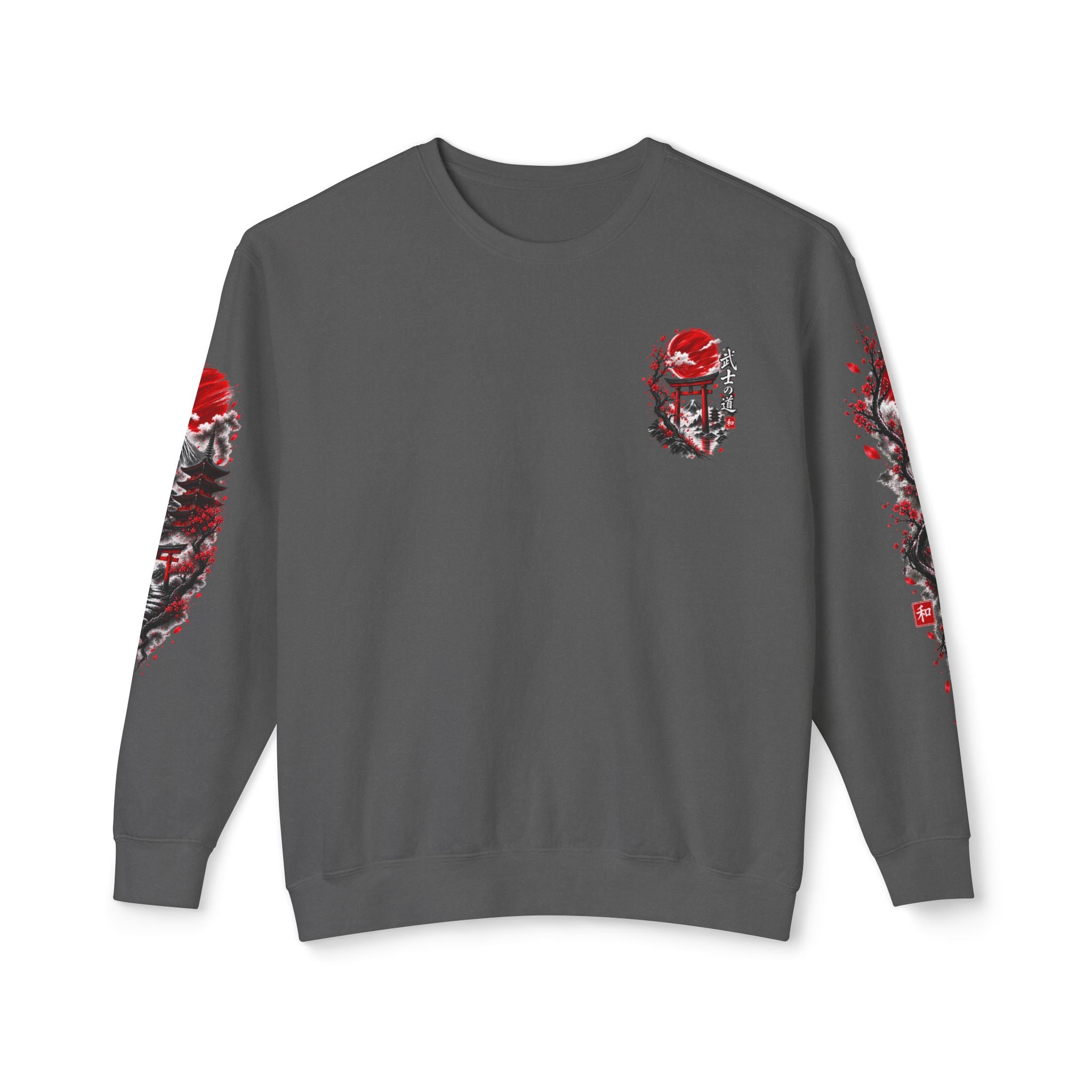 Japanese Samurai Landscape Sweatshirt — Red Sun, Crane & Kanji Crewneck