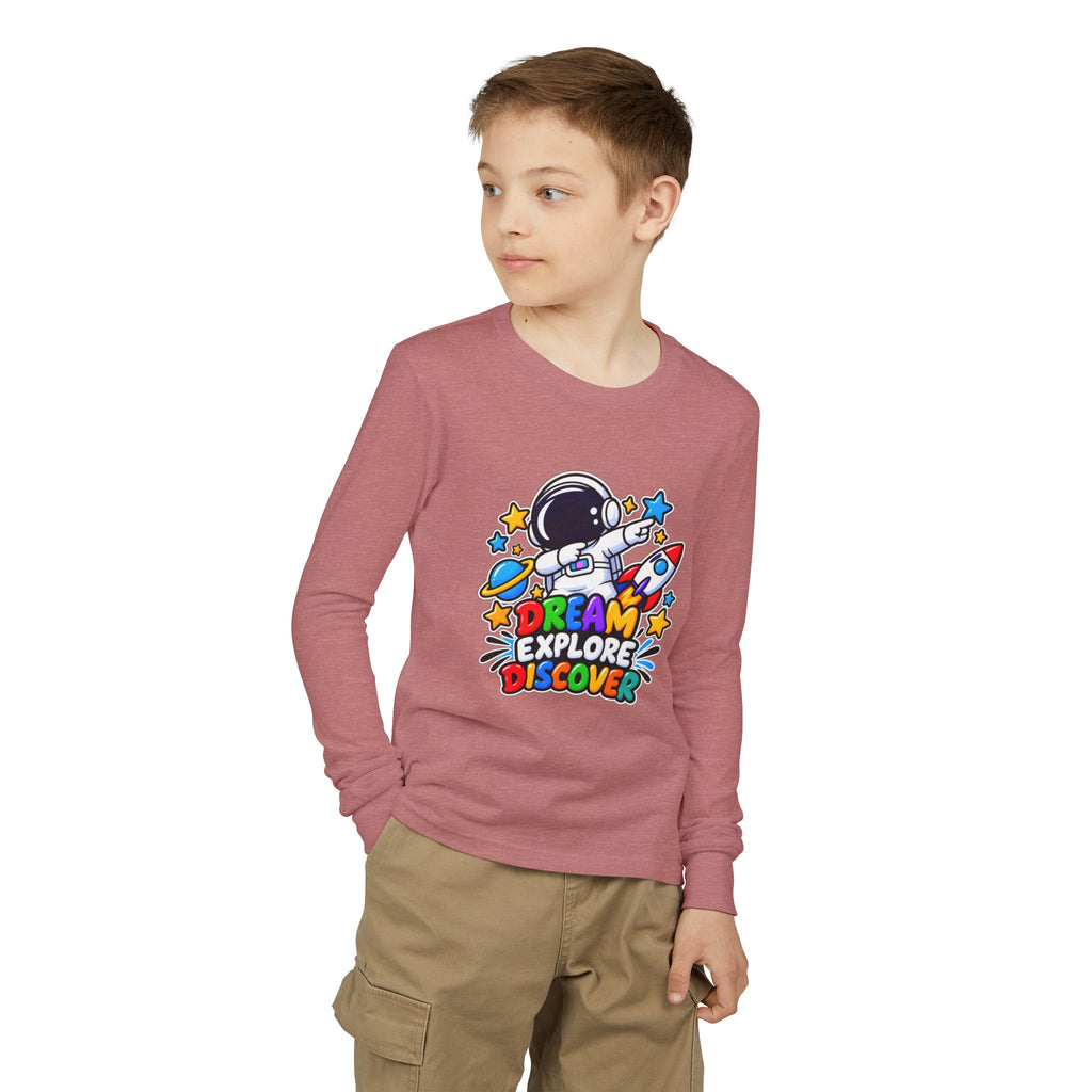 Youth Long Sleeve Tee — 'Dream Explore Discover' Colorful Space Kids Shirt