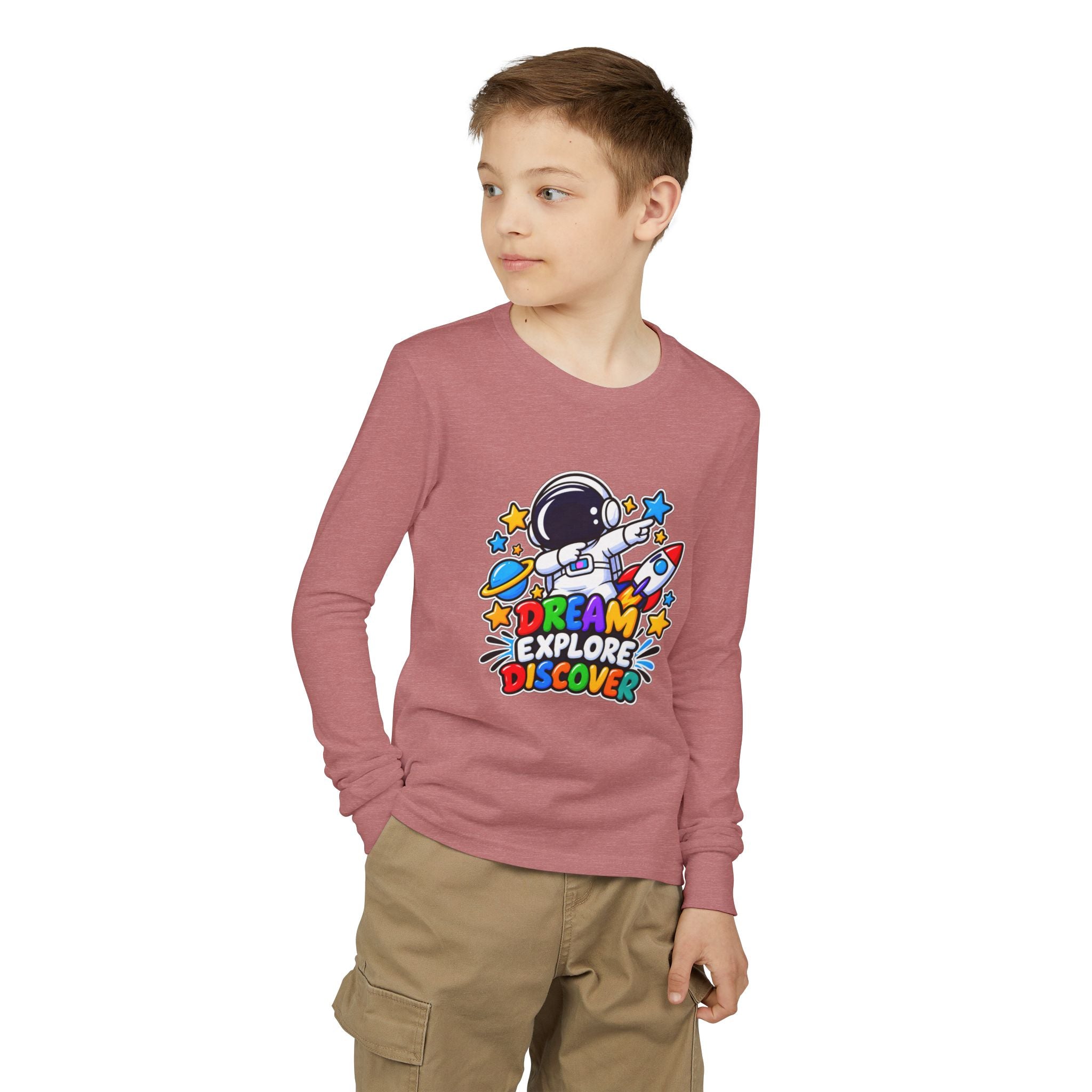 Youth Long Sleeve Tee — 'Dream Explore Discover' Colorful Space Kids Shirt