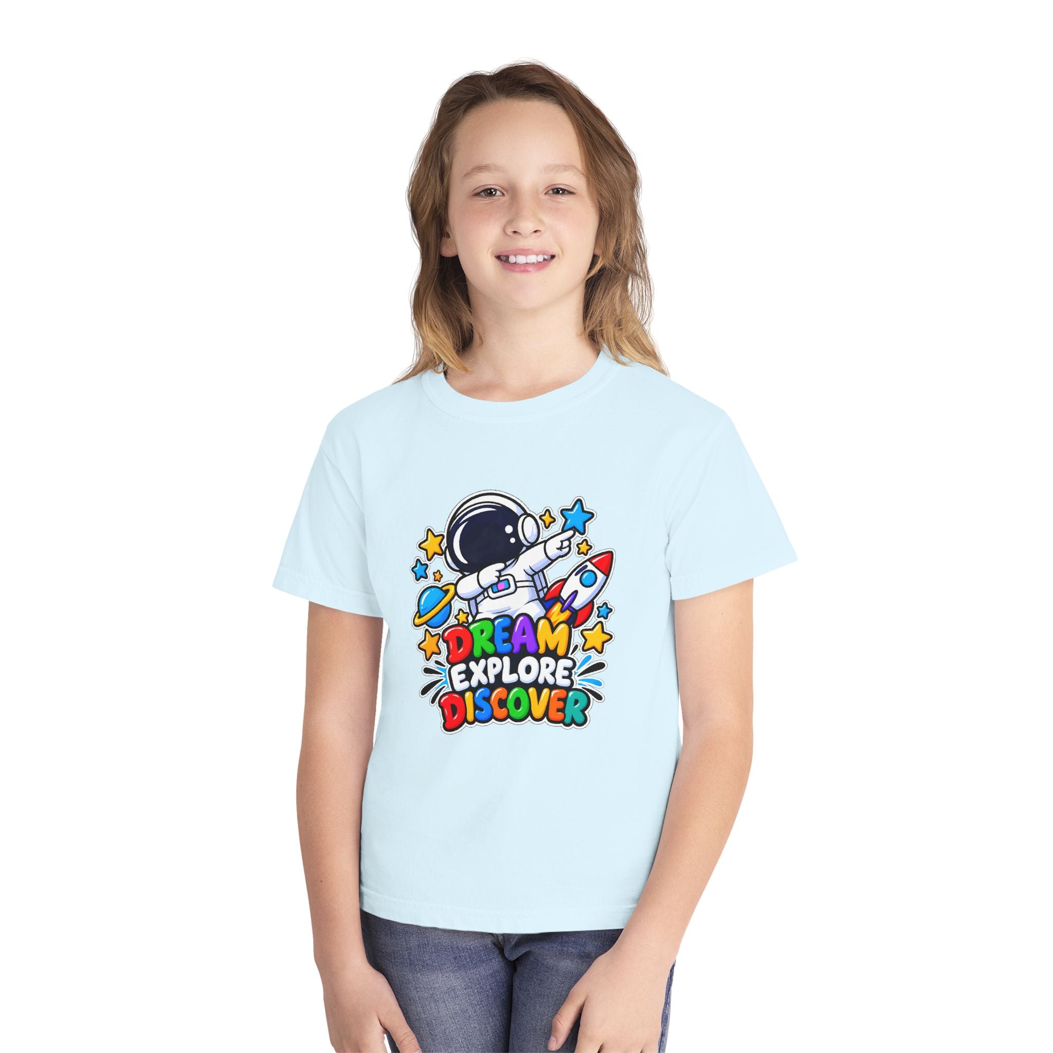 Youth Space Adventure Tee – “Dream Explore Discover / Small Steps Big Future”