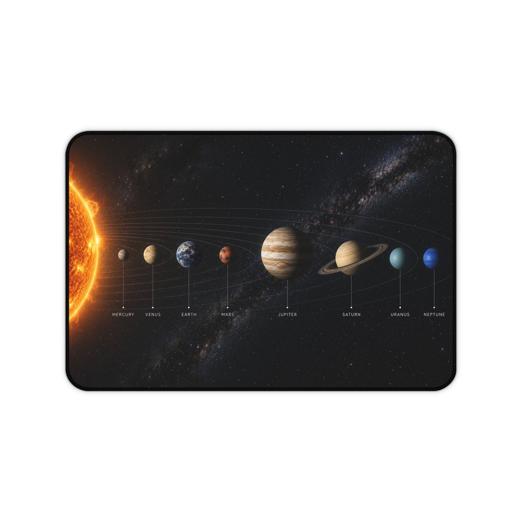 Solar System Desk Mat — Planetary Space Desk Pad with Planet Labels