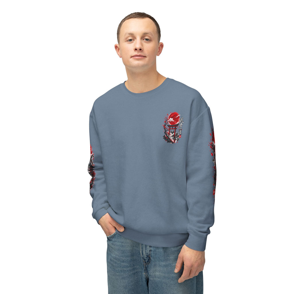 Japanese Samurai Landscape Sweatshirt — Red Sun, Crane & Kanji Crewneck