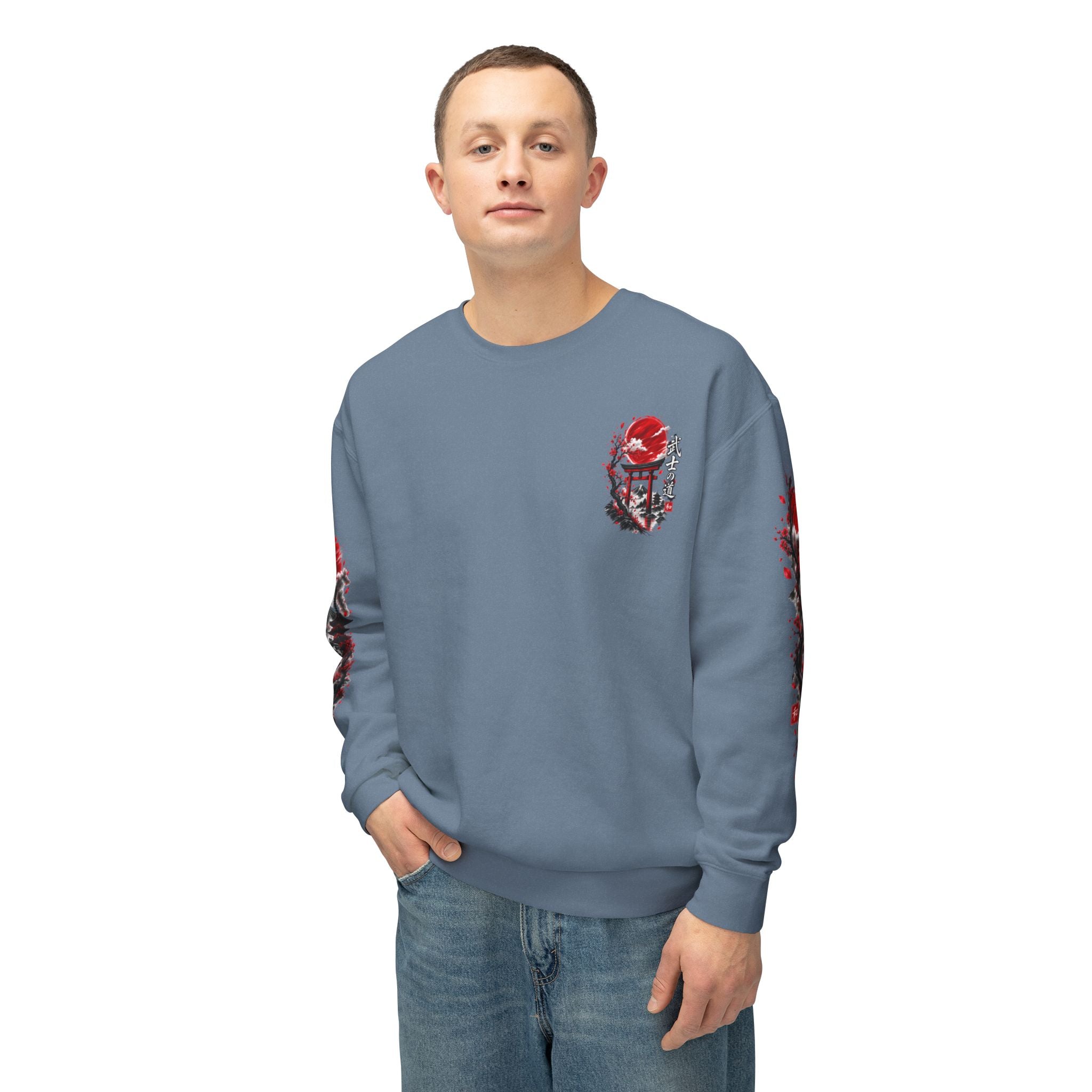 Japanese Samurai Landscape Sweatshirt — Red Sun, Crane & Kanji Crewneck