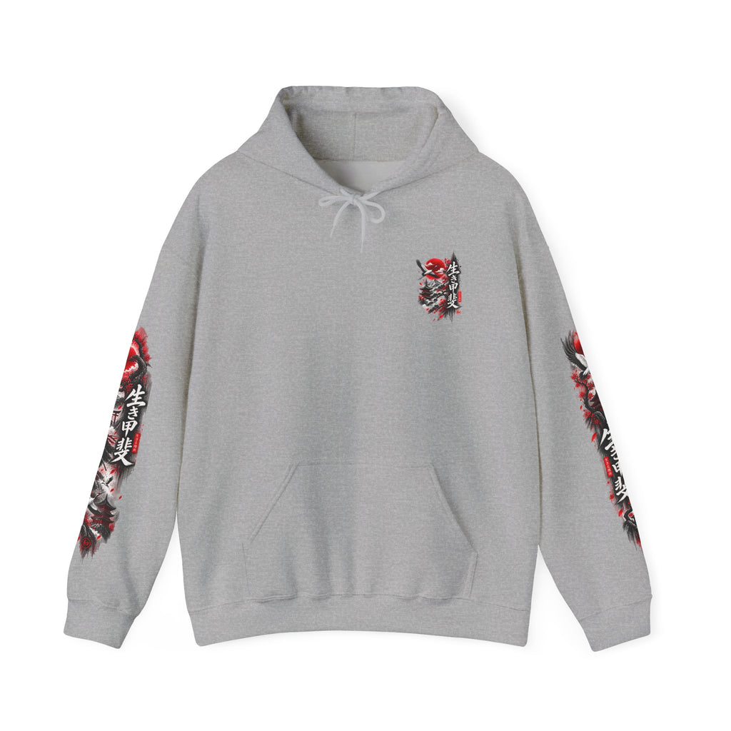 Japanese Oni Mask Hoodie – Red & Black Temple Graphic with Kanji Sleeve Art