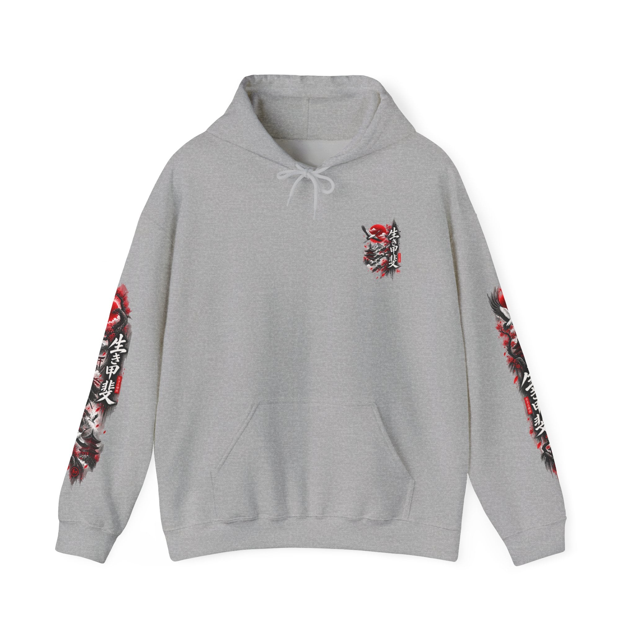 Japanese Oni Mask Hoodie – Red & Black Temple Graphic with Kanji Sleeve Art