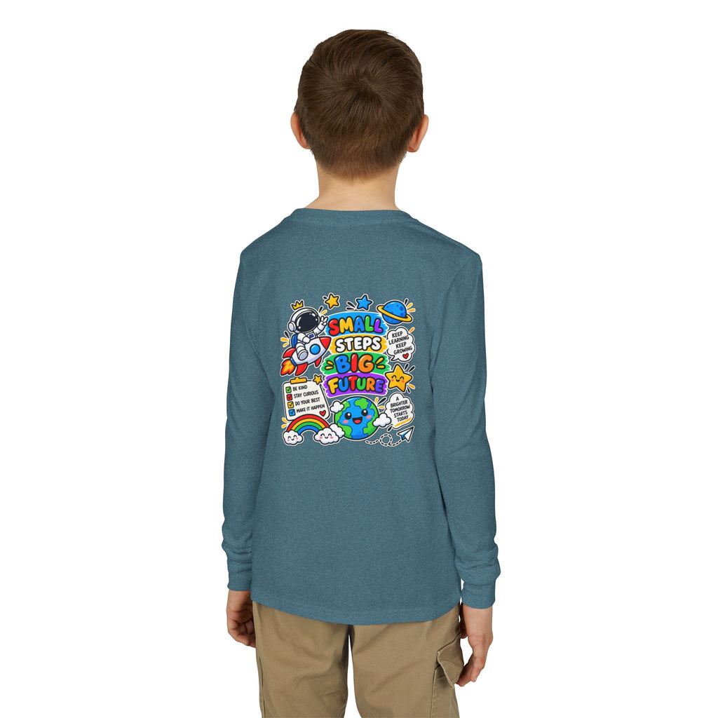 Youth Long Sleeve Tee — 'Dream Explore Discover' Colorful Space Kids Shirt
