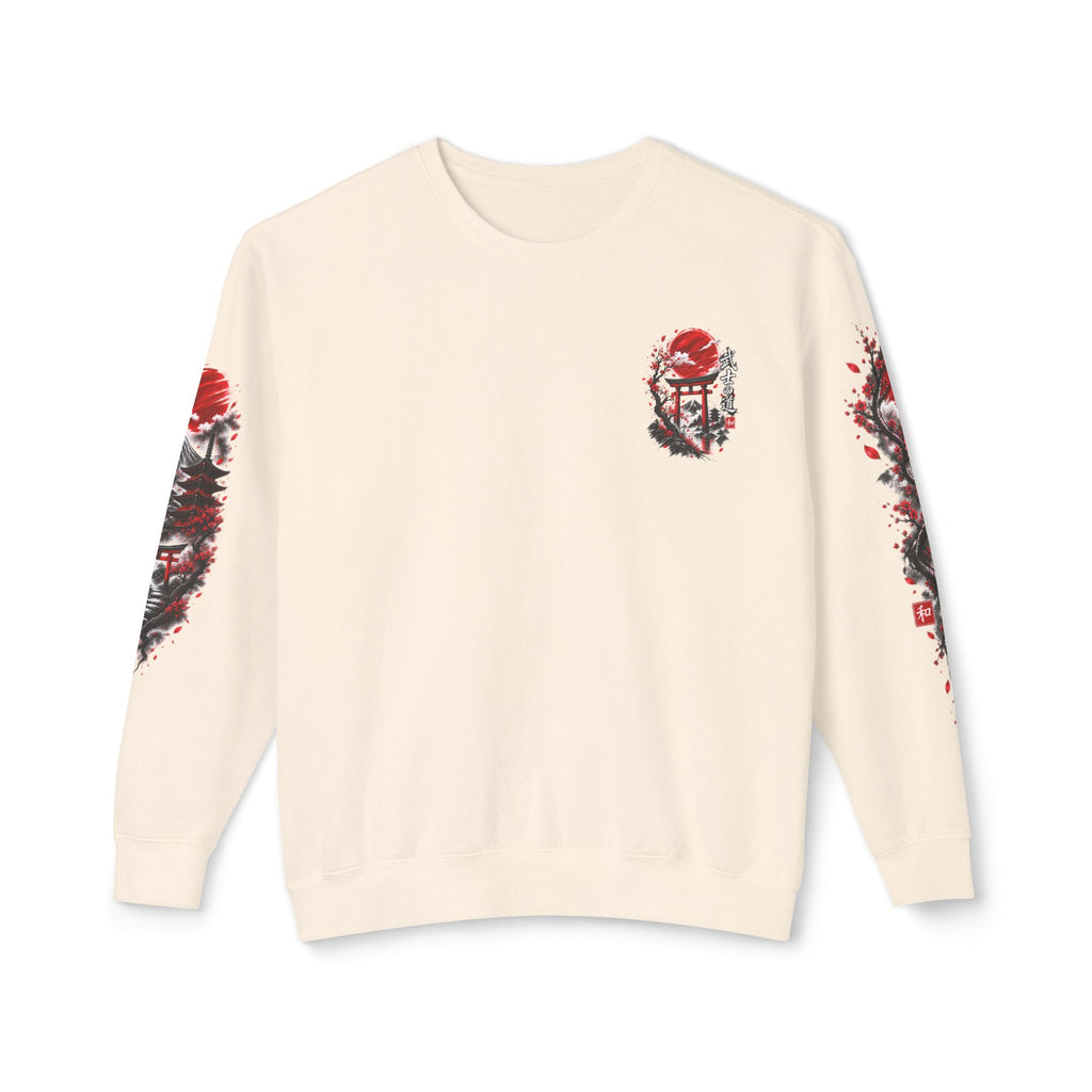 Japanese Samurai Landscape Sweatshirt — Red Sun, Crane & Kanji Crewneck