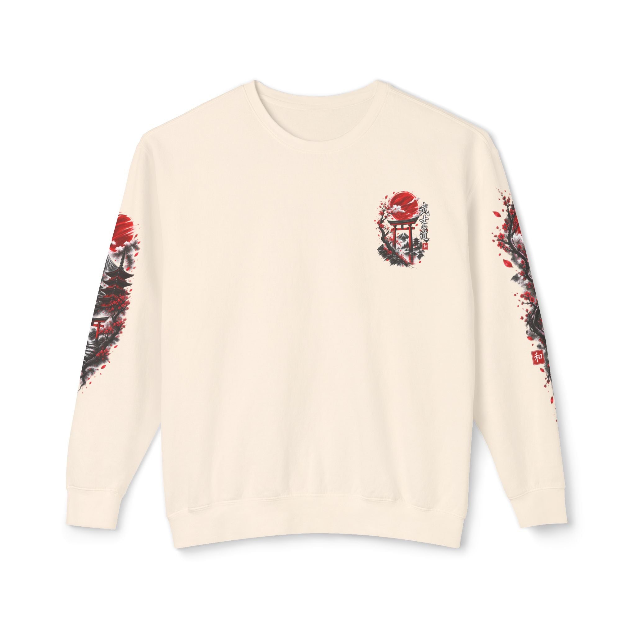 Japanese Samurai Landscape Sweatshirt — Red Sun, Crane & Kanji Crewneck