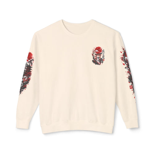 Japanese Samurai Landscape Sweatshirt — Red Sun, Crane & Kanji Crewneck