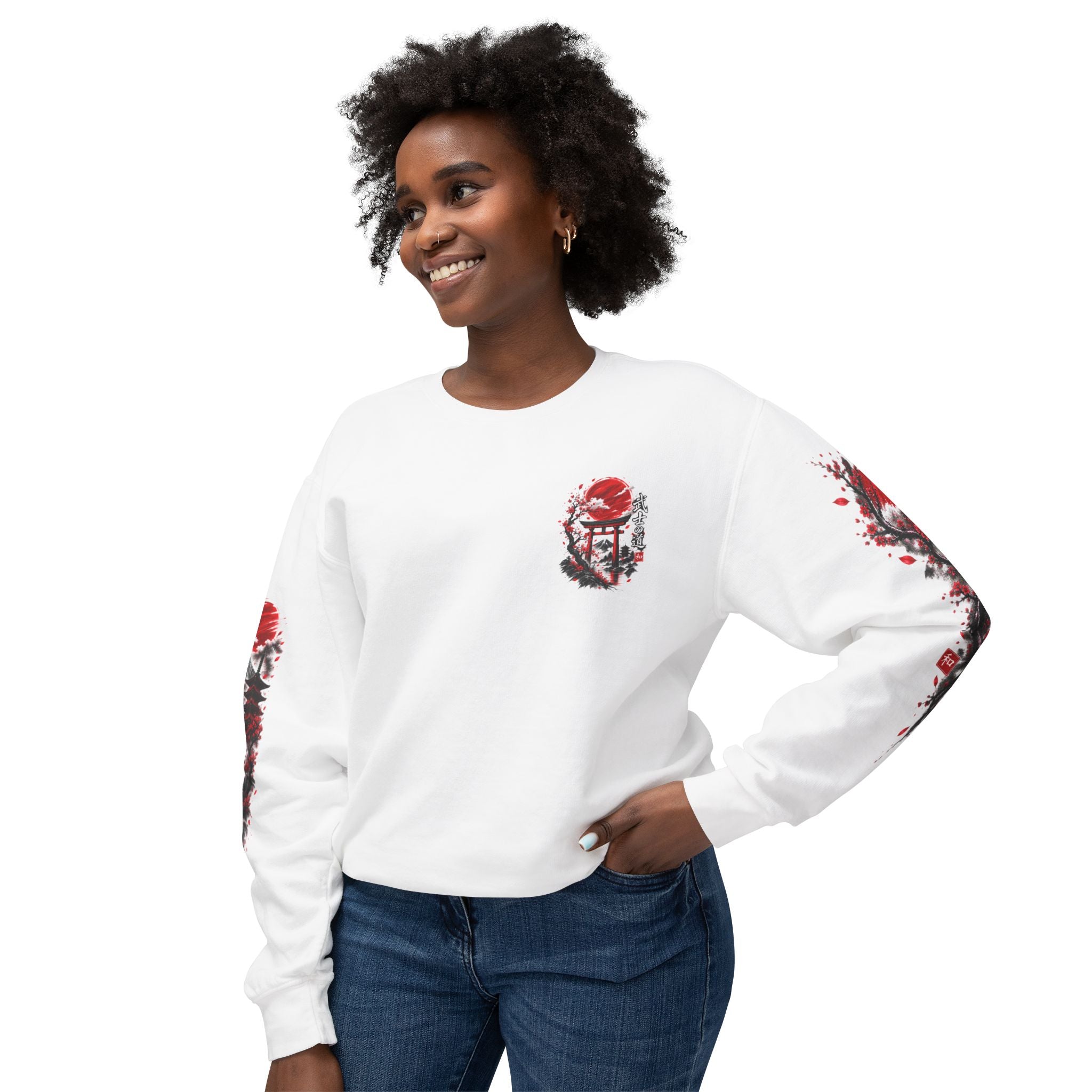 Japanese Samurai Landscape Sweatshirt — Red Sun, Crane & Kanji Crewneck
