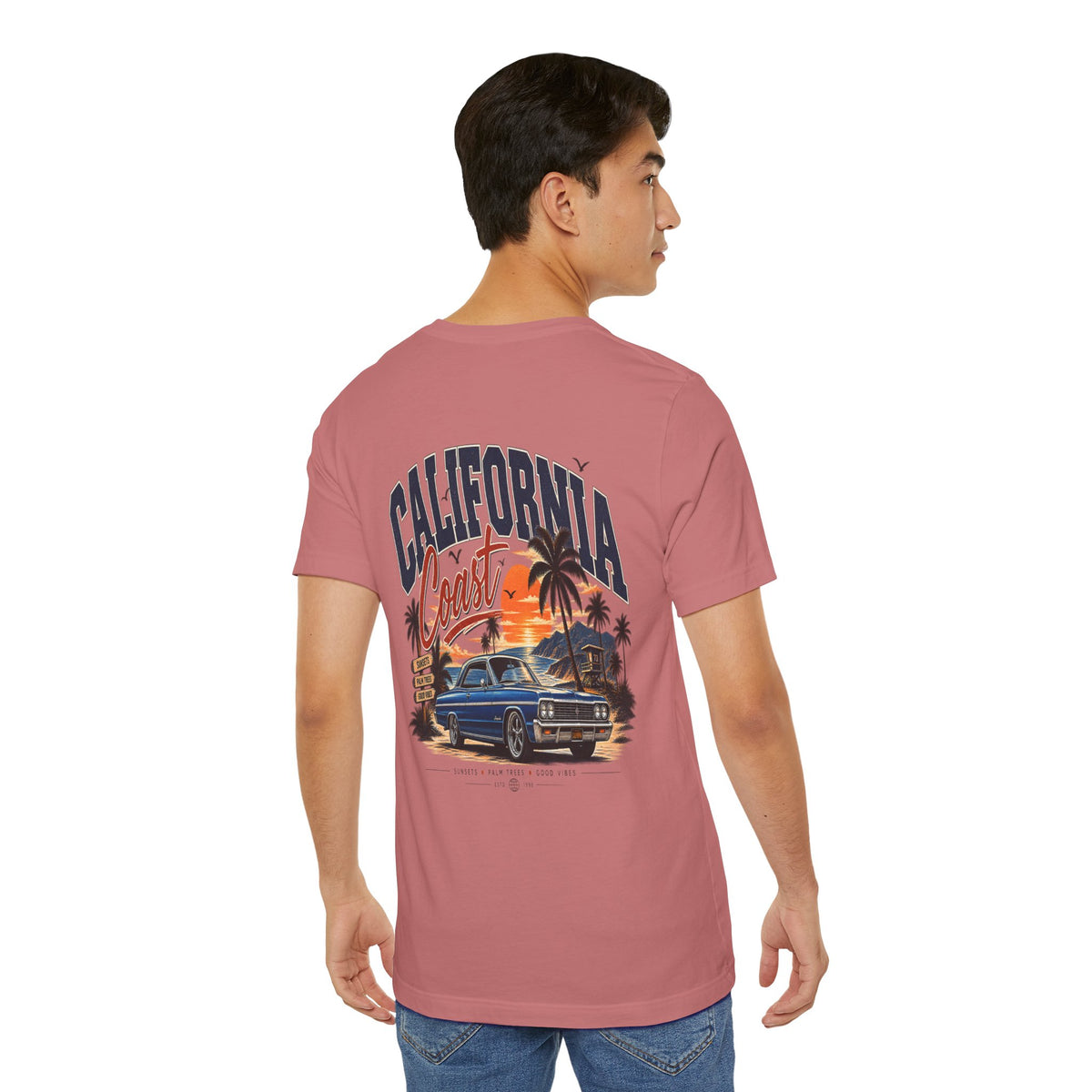 California Coast Pocket Tee — Retro Palm Surf Graphic