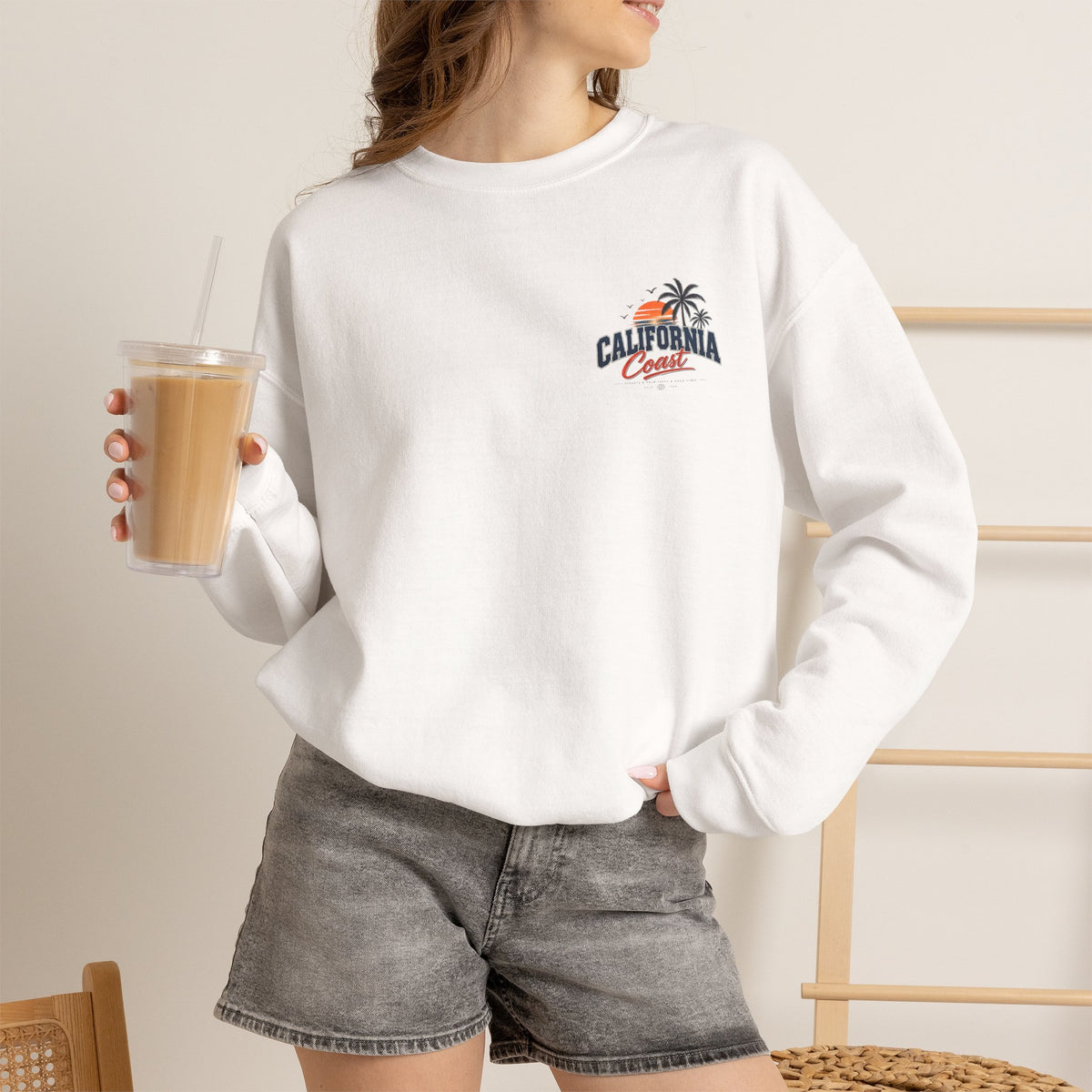 California Coast Crewneck Sweatshirt — Retro Palm Tree Graphic