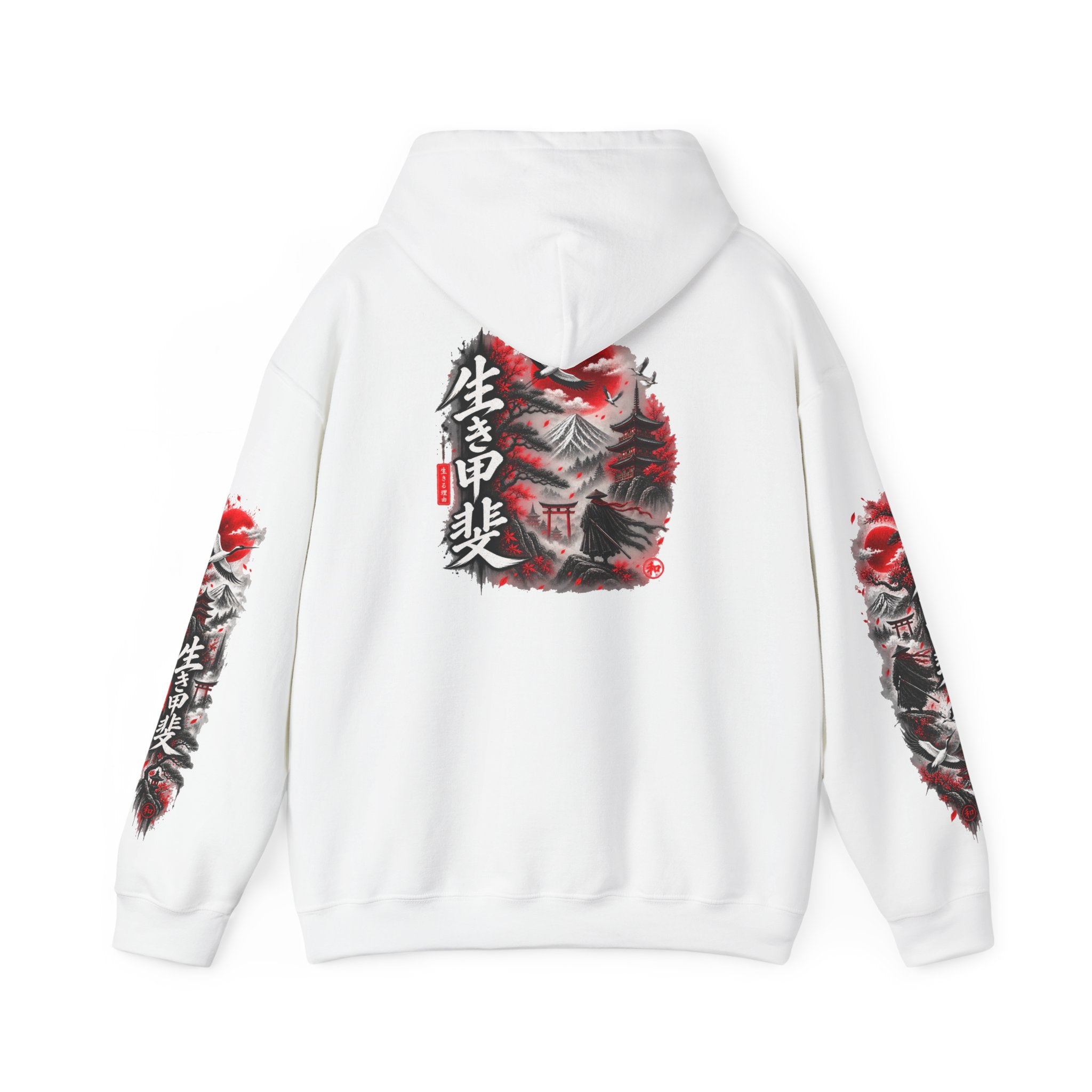 Japanese Oni Mask Hoodie – Red & Black Temple Graphic with Kanji Sleeve Art