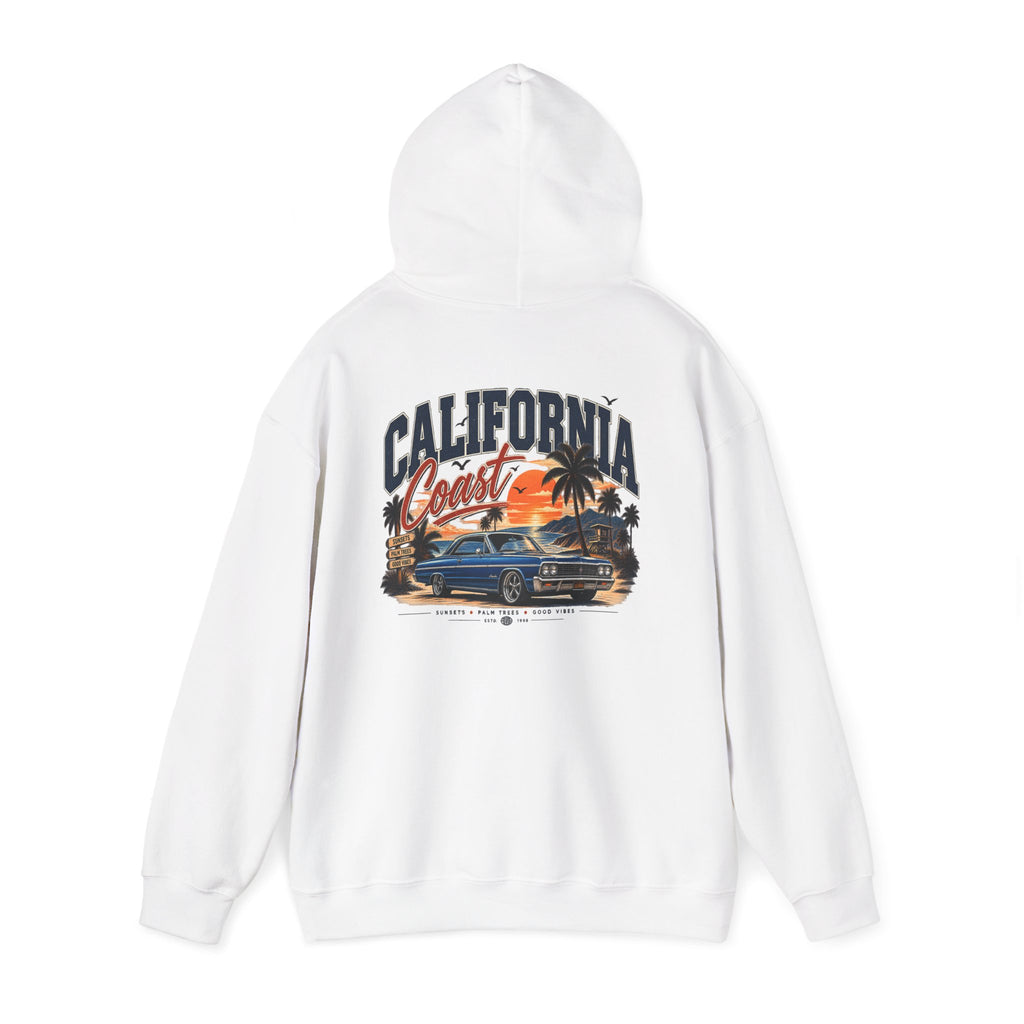 California Coast Hoodie — Vintage Car Sunset Palm Beach Graphic