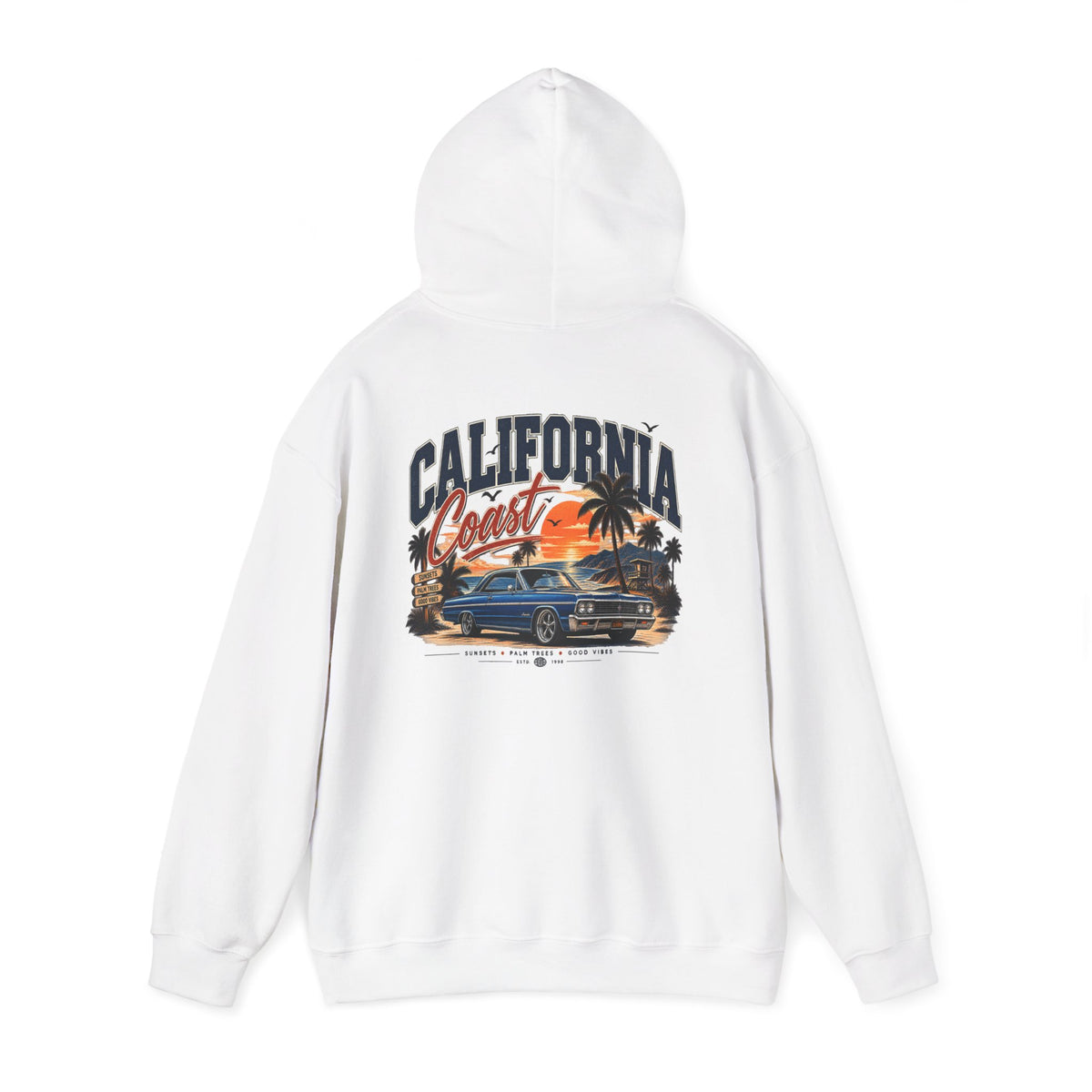 California Coast Hoodie — Vintage Car Sunset Palm Beach Graphic