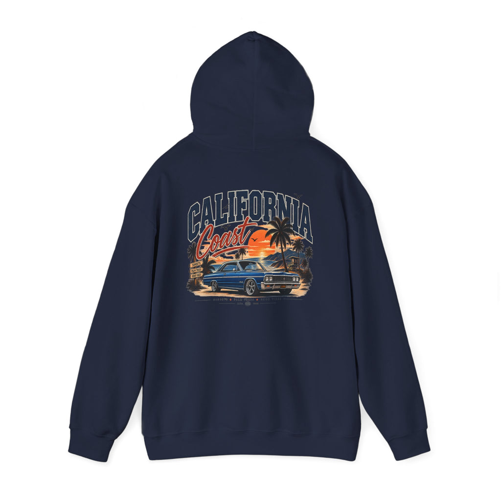 California Coast Hoodie — Vintage Car Sunset Palm Beach Graphic