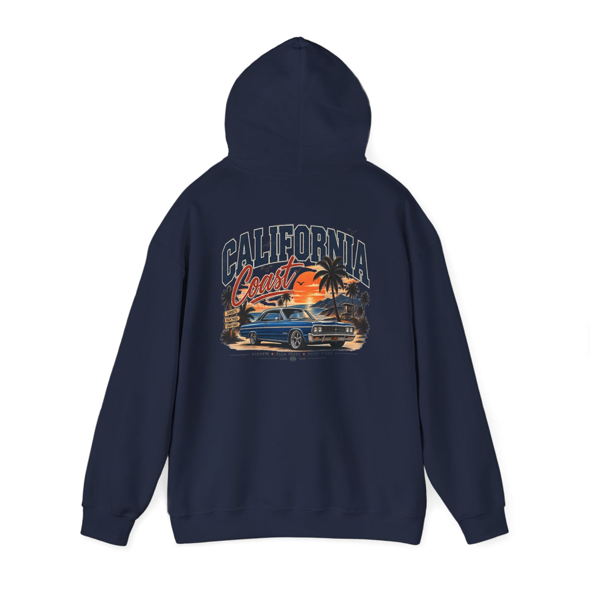 California Coast Hoodie — Vintage Car Sunset Palm Beach Graphic