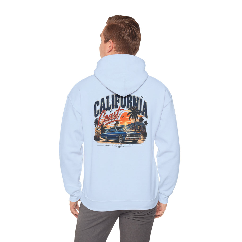 California Coast Hoodie — Vintage Car Sunset Palm Beach Graphic