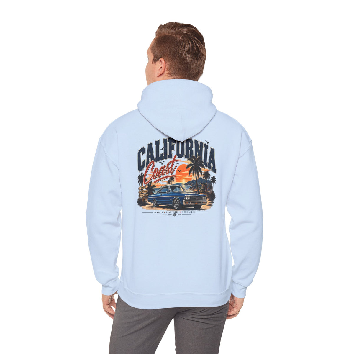California Coast Hoodie — Vintage Car Sunset Palm Beach Graphic