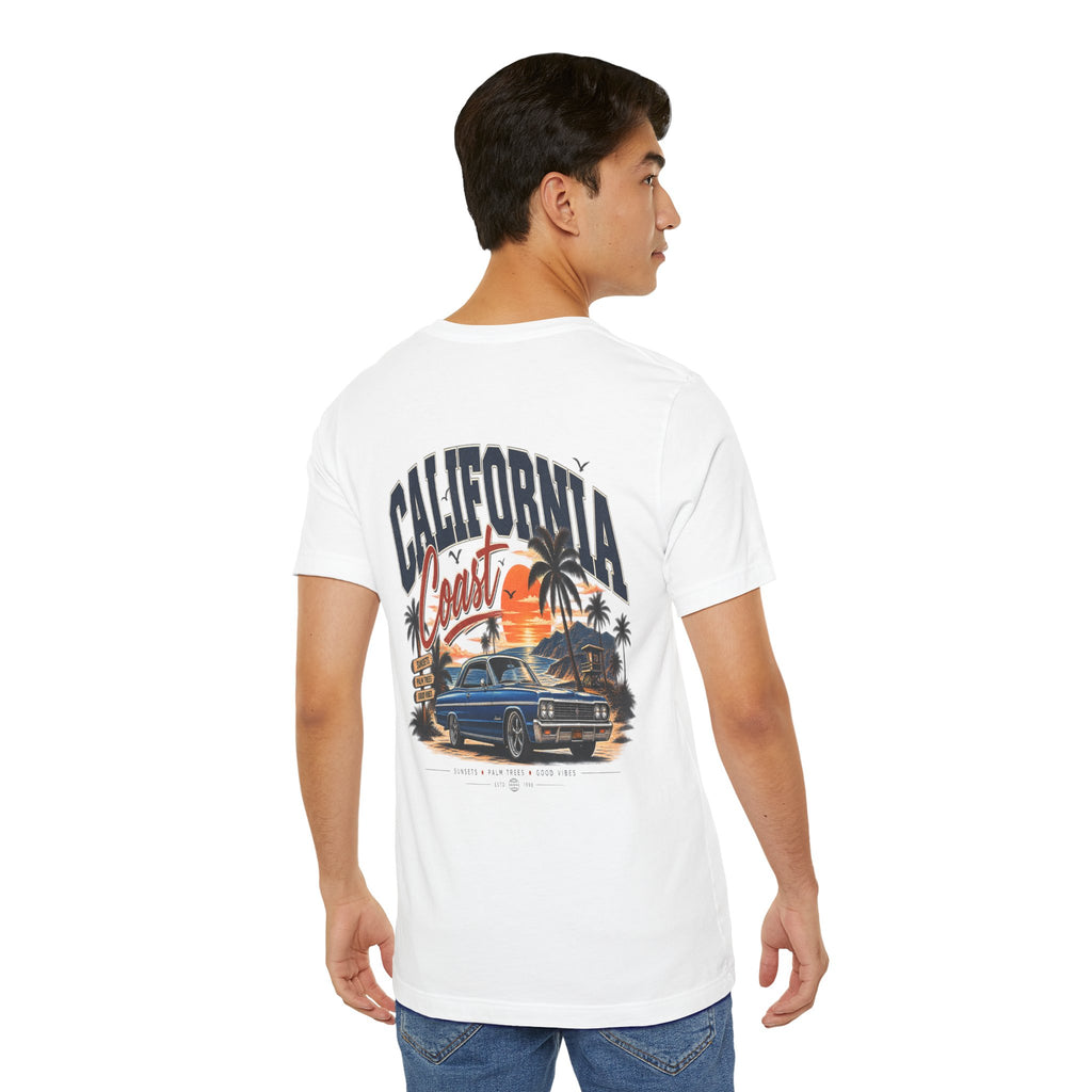 California Coast Pocket Tee — Retro Palm Surf Graphic
