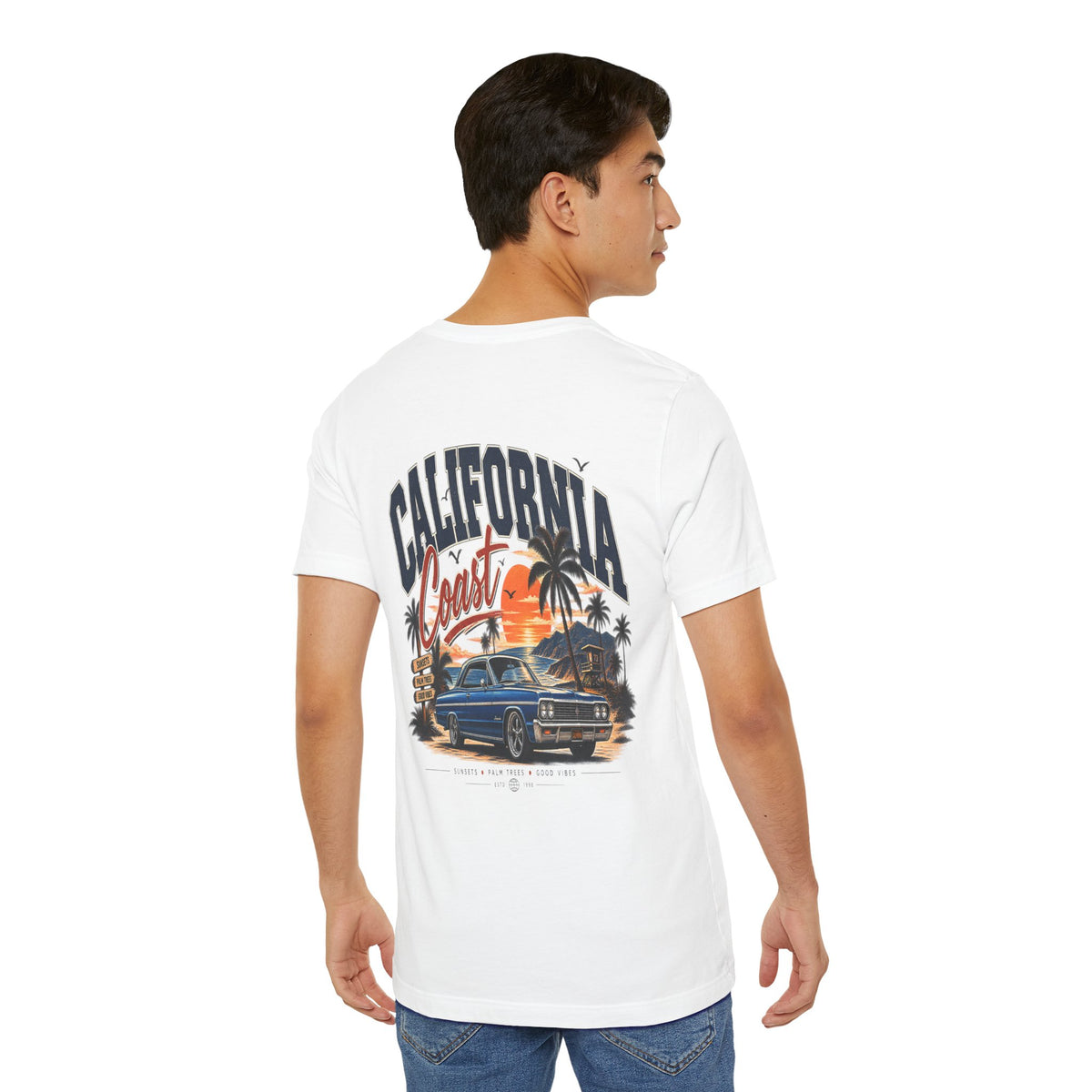 California Coast Pocket Tee — Retro Palm Surf Graphic