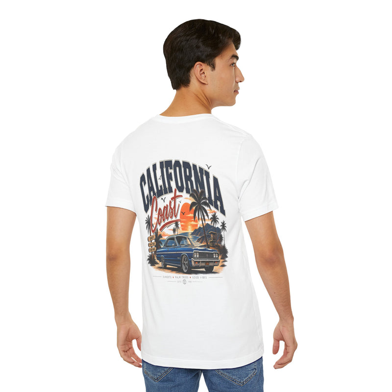 California Coast Pocket Tee — Retro Palm Surf Graphic