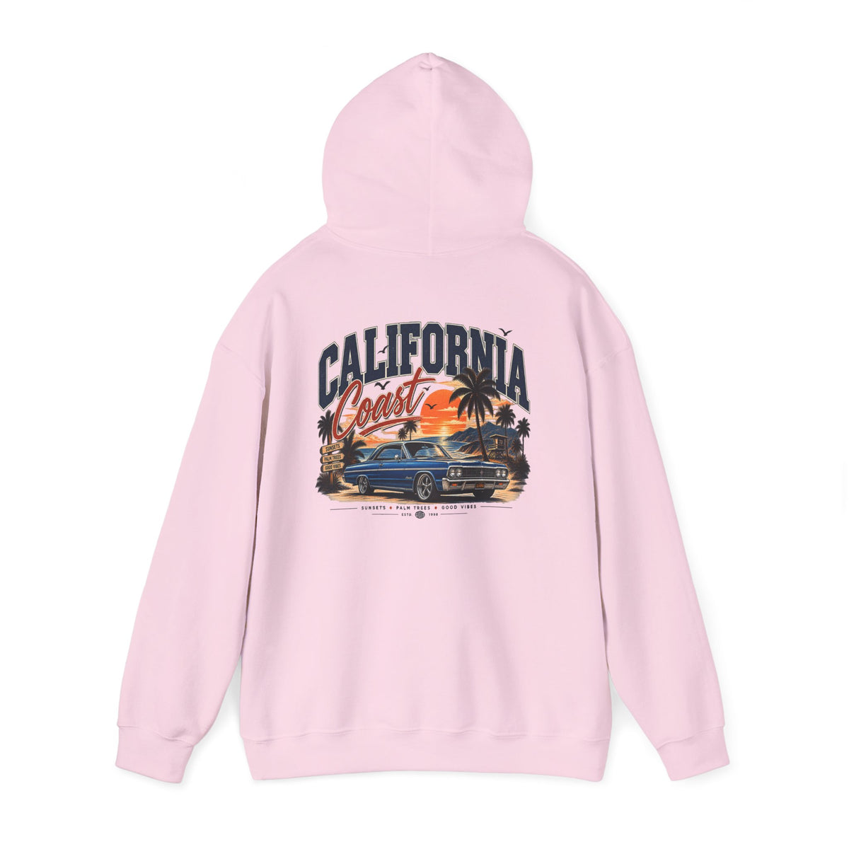 California Coast Hoodie — Vintage Car Sunset Palm Beach Graphic