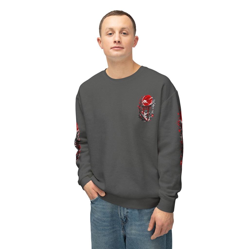 Japanese Samurai Landscape Sweatshirt — Red Sun, Crane & Kanji Crewneck