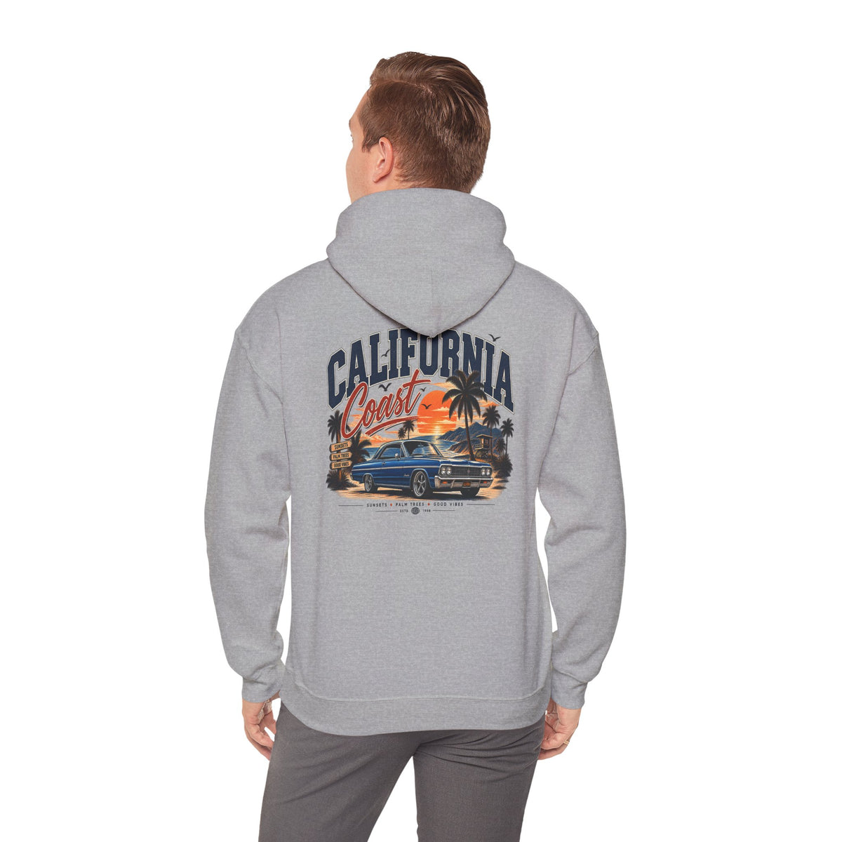 California Coast Hoodie — Vintage Car Sunset Palm Beach Graphic